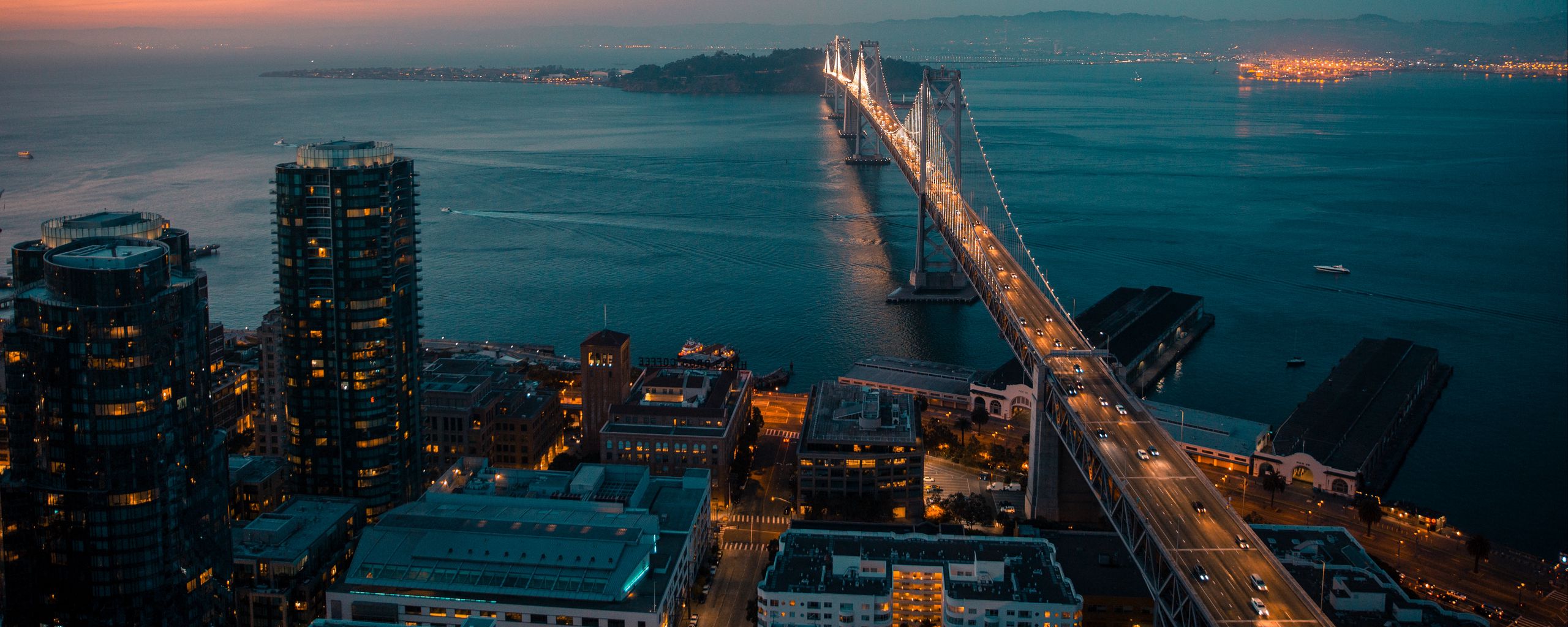 Download wallpaper 2560x1024 san francisco, night city, bridge, top view ultrawide monitor HD background