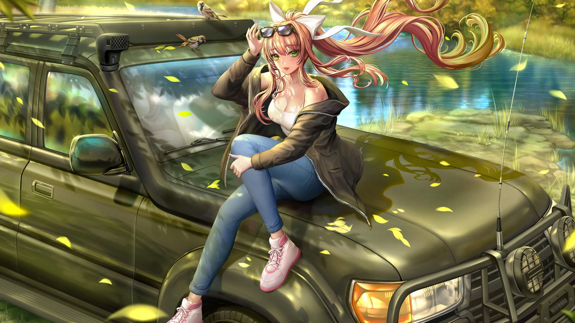 Brown Long Hair Anime Girl Is Sitting On Car Wearing Green Jerkin Blue Jeans HD Anime Girl Wallpaper