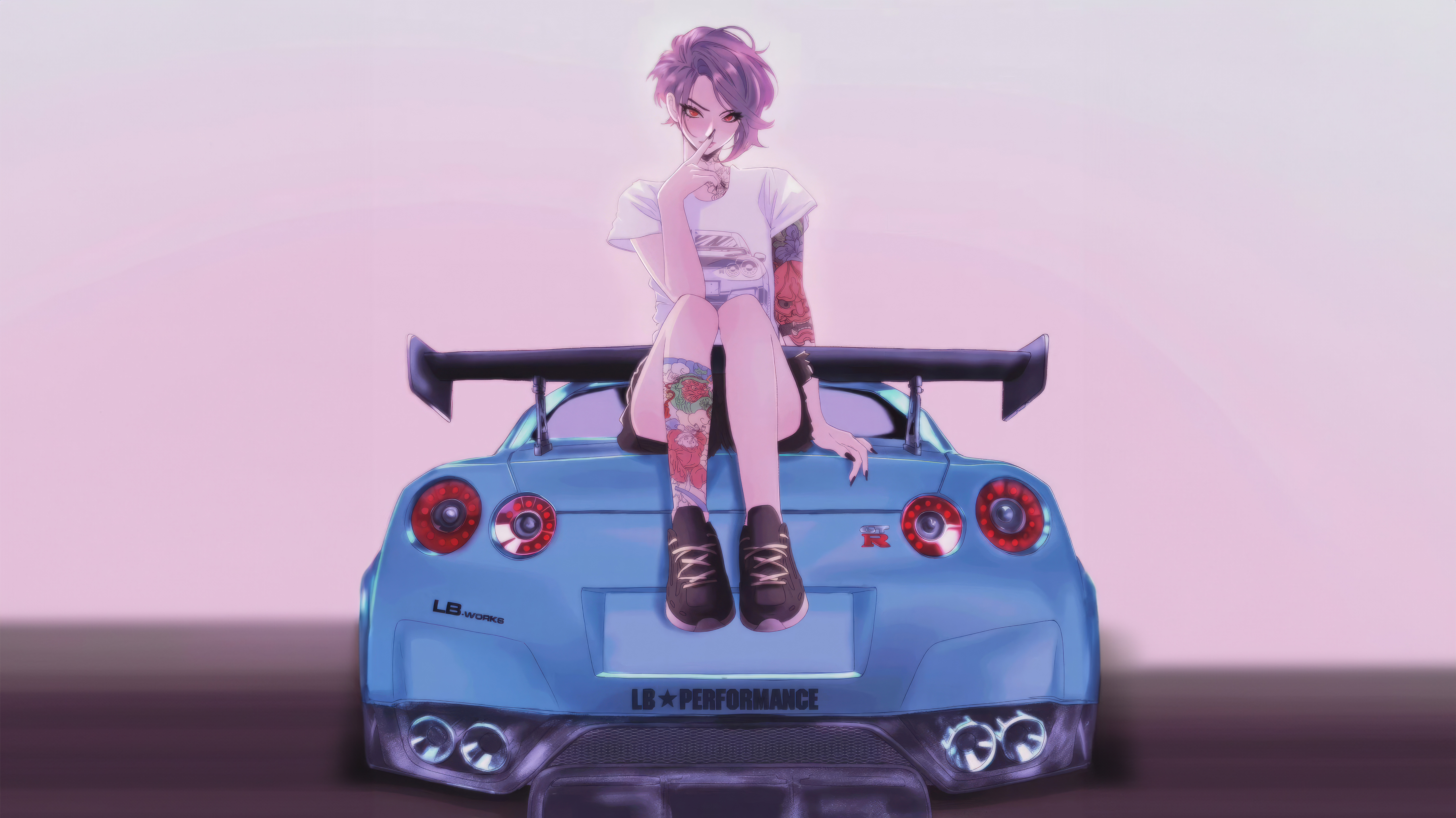 Stylish Tattooed Anime Girl And Sleek Nissan GT R Sports Car