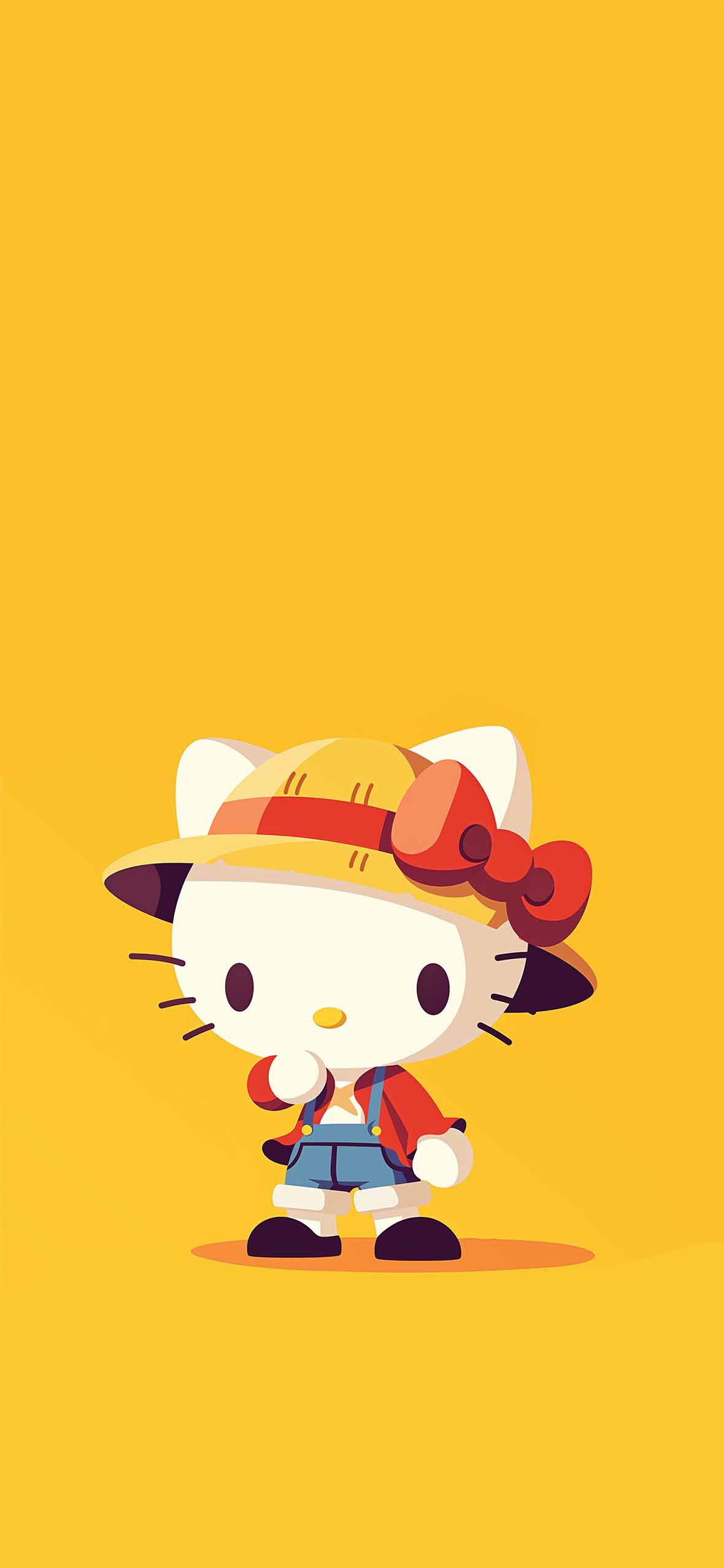 Hello Kitty x Luffy Cosplay Yellow Background Wallpaper iPhone