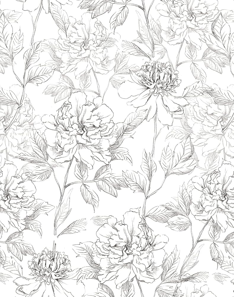 JiffDiff Floral Wallpaper Black & White Peel And Stick Vintage Peony Wall Paper Sketched Floral Self Adhesive Prepasted Wall Decor Contact Paper Covering 30sq.ft 17.3 X 236.22
