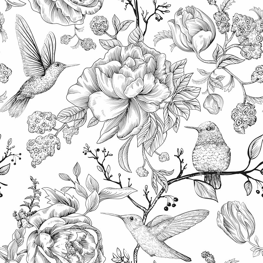 Vintage Floral Wallpaper Black and White Floral Peel and Stick Wallpaper Flowers Hummingbirds Removable Wallpaper Floral Contact Paper Vinyl Butterfly Self Adhesive Wall Paper 17.7inchx118.1inch