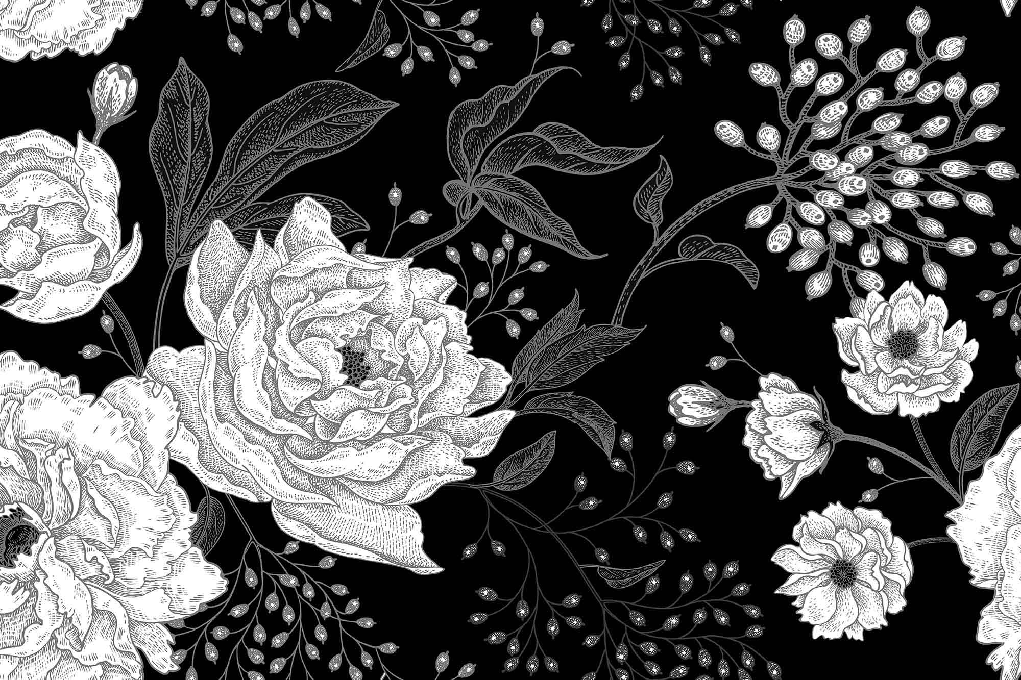 White Peonies and Golden Leaves (Black and White).5' x 9' (4, 11m x 2, 75m)