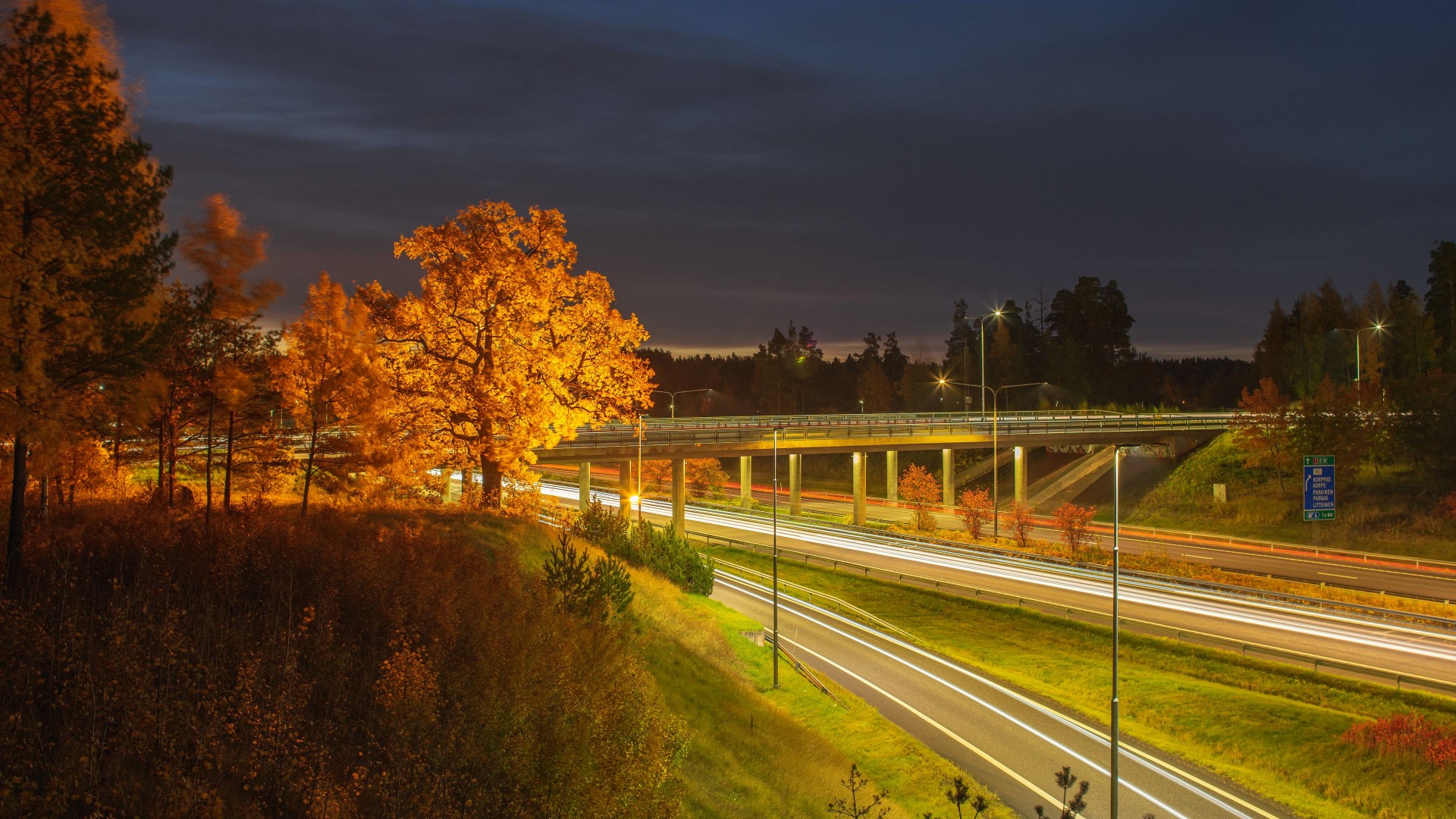 Trees Hill Bridge Grass Night Road Autumn Dark Background Landscape 4K HD Nature Wallpaper