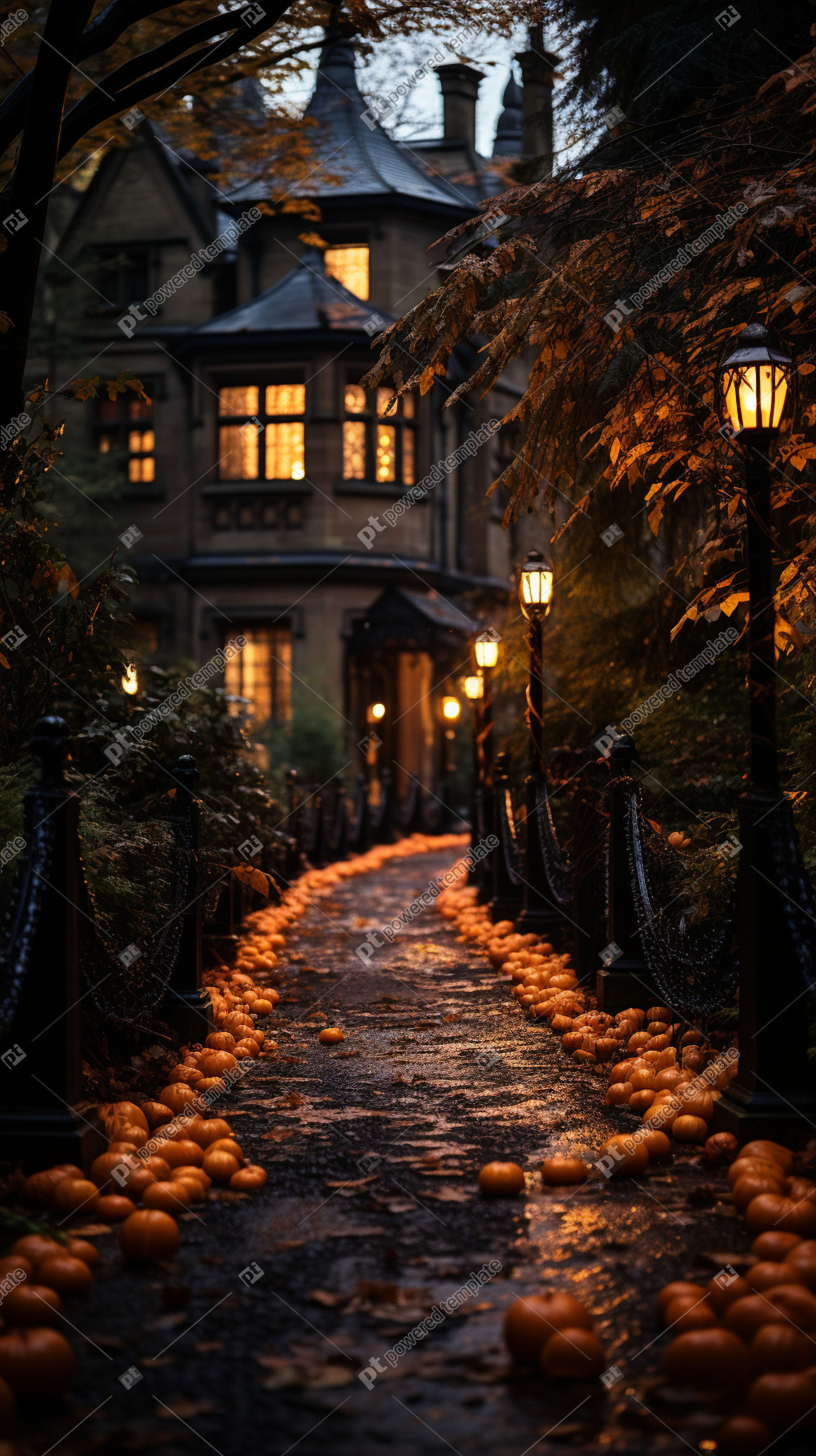 Autumn Dusk Victorian House in Halloween Town Lined with Pumpkins
