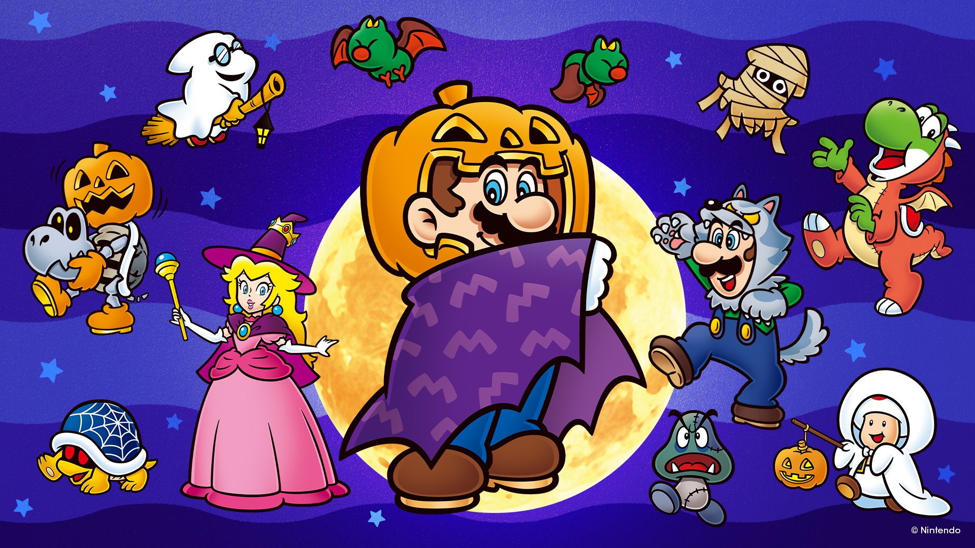 Super Mario Halloween HD Wallpaper: Spooky Fun in the Mushroom Kingdom