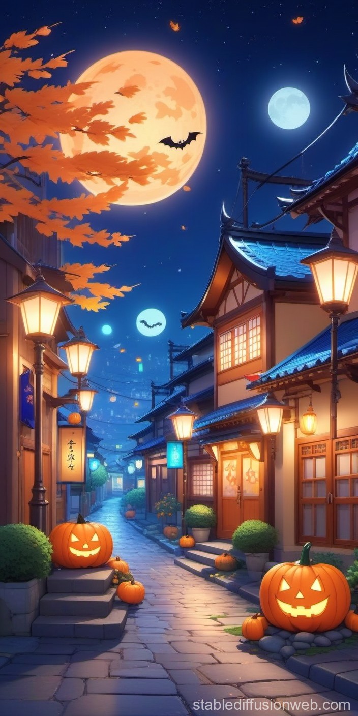 Halloween Night In A Pebble Paved Town. Stable Diffusion Online