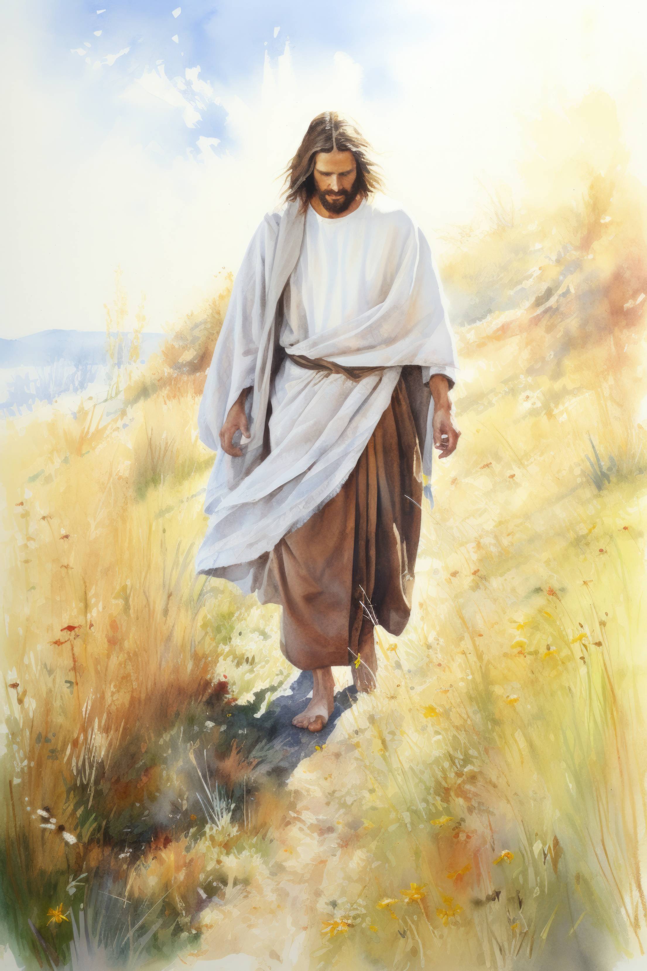 Painting of Jesus Walking on Summer Meadow Free Image