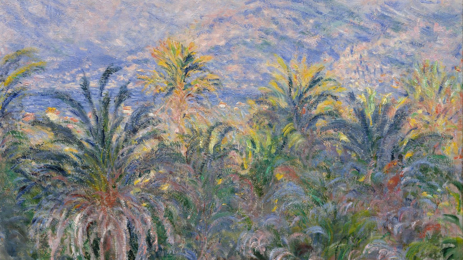 Download wallpaper 1600x900 claude monet, palm trees at bordighera, impressionism, oil, canvas widescreen 16:9 HD background