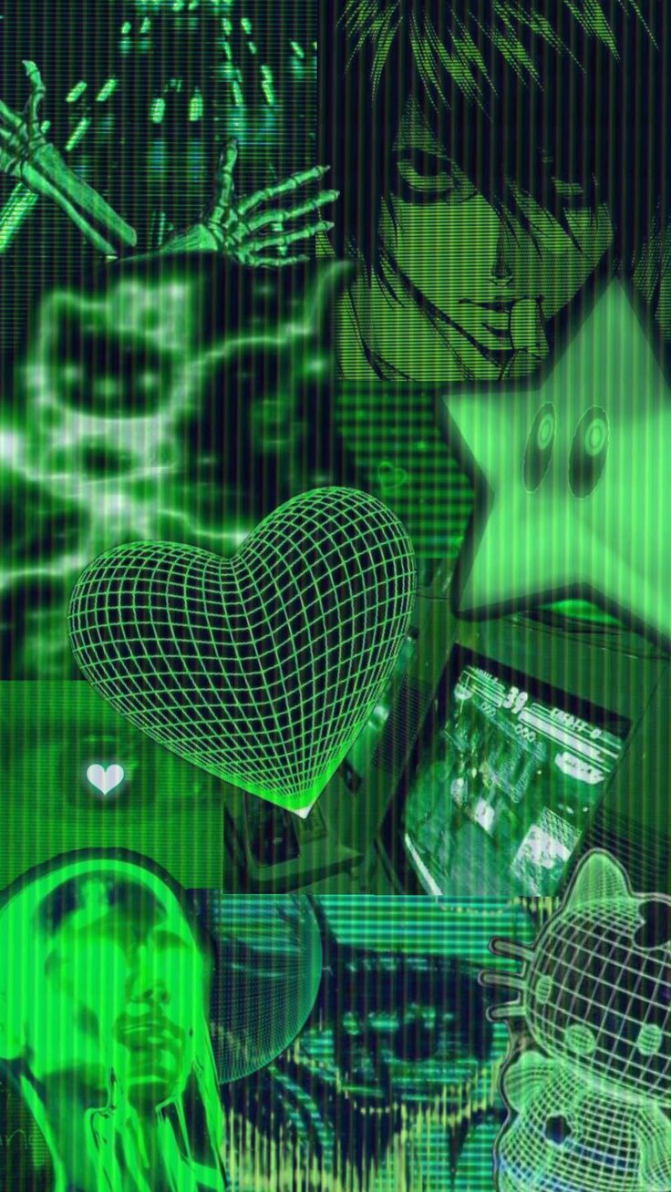 Revamped edition!! Green cybercore collage wallpaper. #collage #walllpaper #aesthetic #cybercore #green #greencybercore #cybery2k #animecore #fyp #spookyxcreature