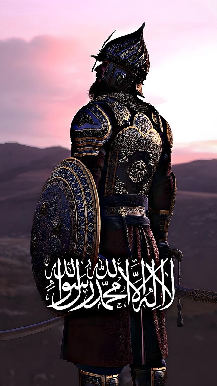 free 4K wallpaper warrior, armor, helmet, shield, mountains, sky, inscription, hieroglyphs, art