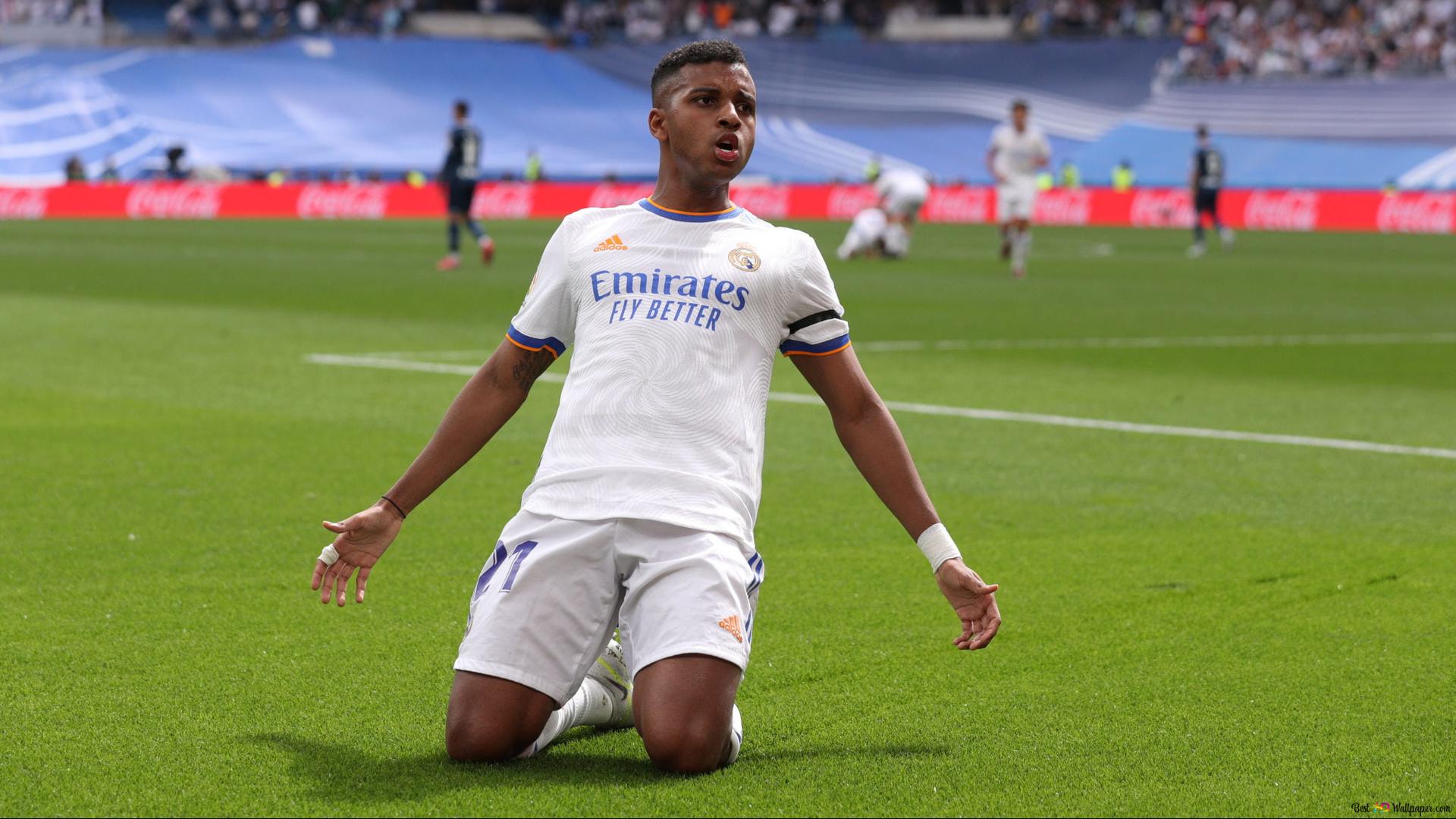 Real Madrid's Rodrygo Nun slides into goal celebration 2K wallpaper download