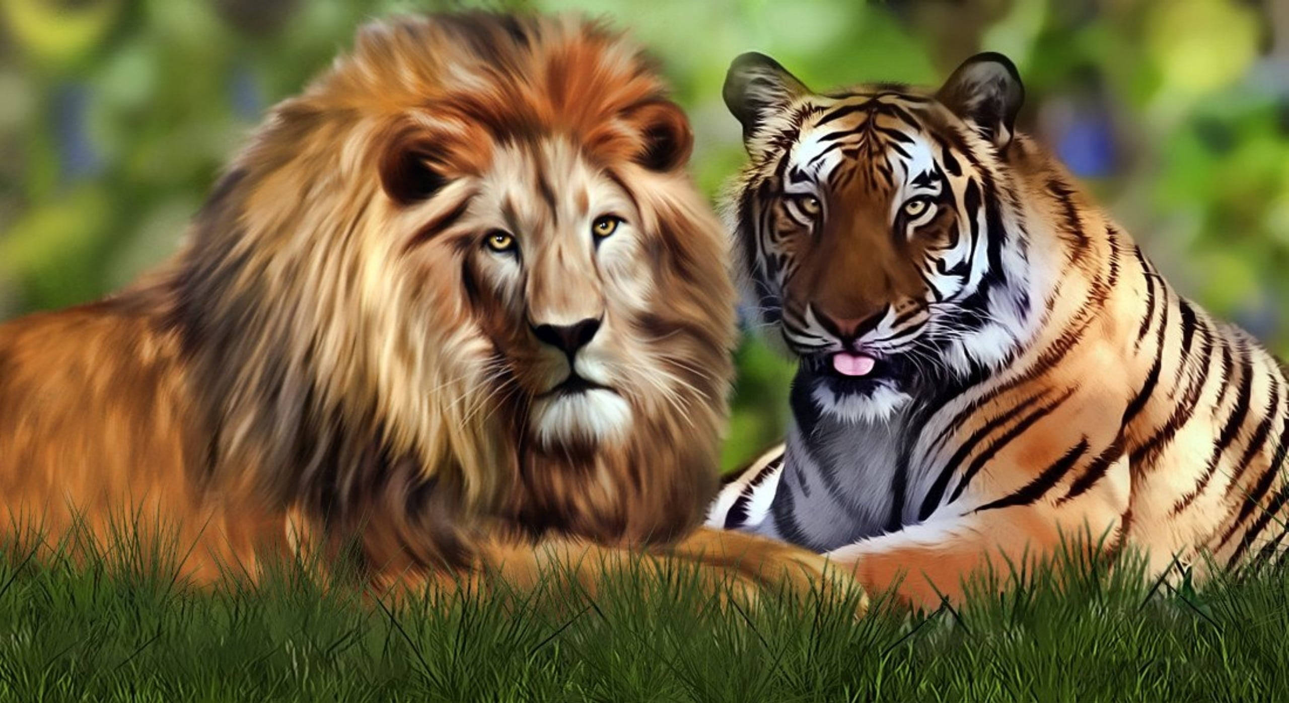 Download Lion And Tiger Art In Grass Wallpaper