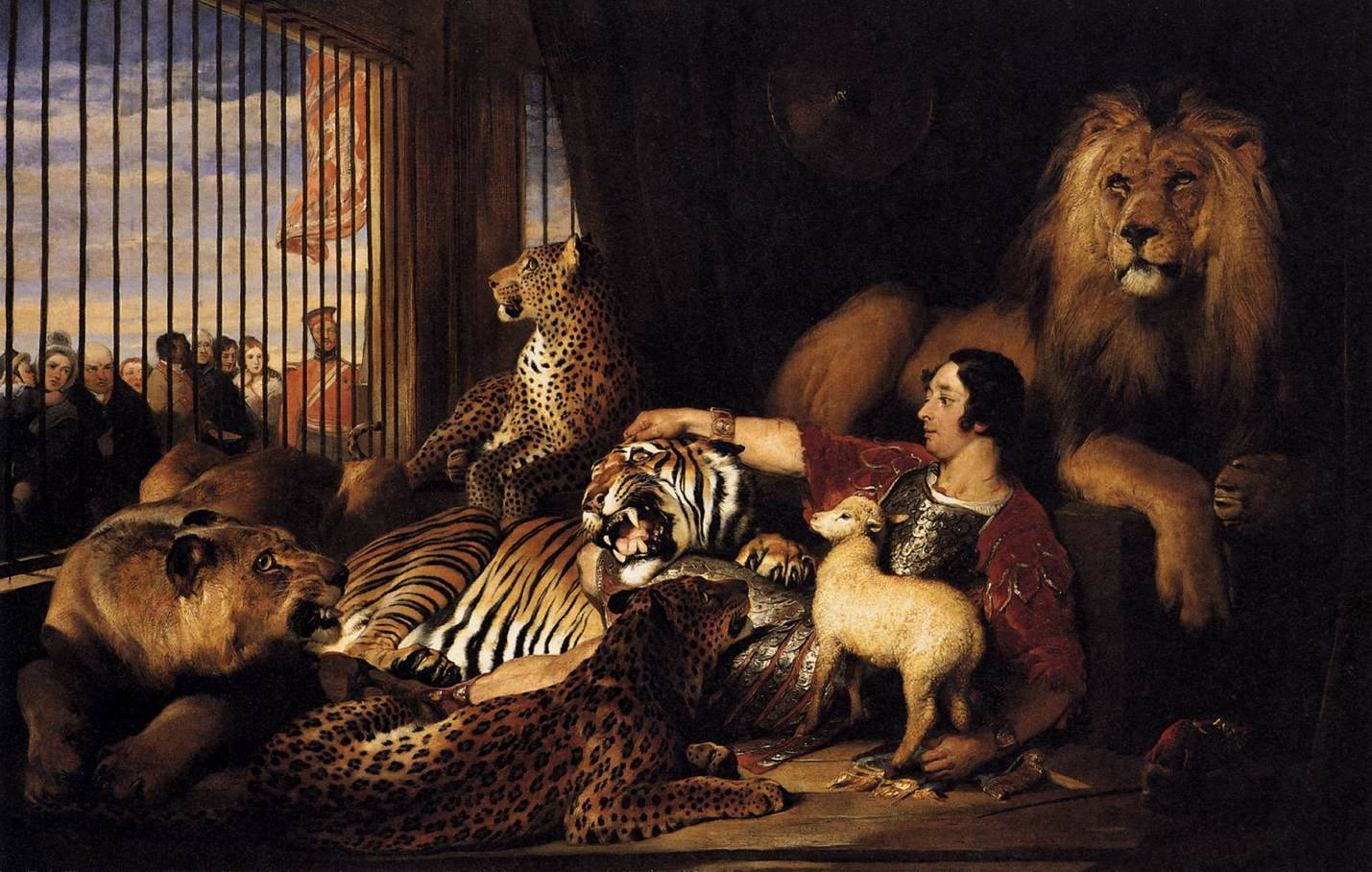 Download Caged Lion And Tiger Group Painting Wallpaper