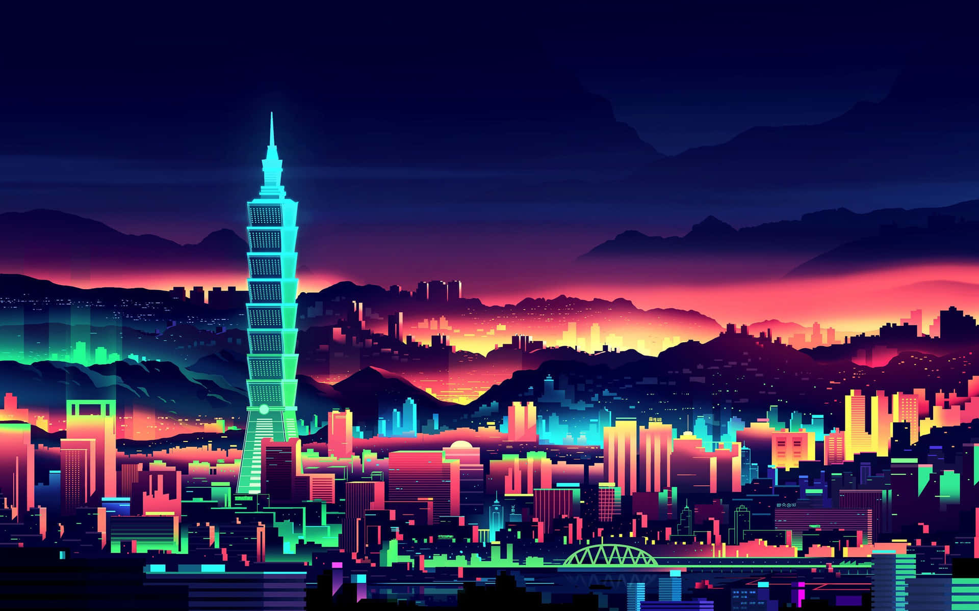 Download Explore a vibrant neon world in this Cyberpunk Pixel Art wallpaper Wallpaper