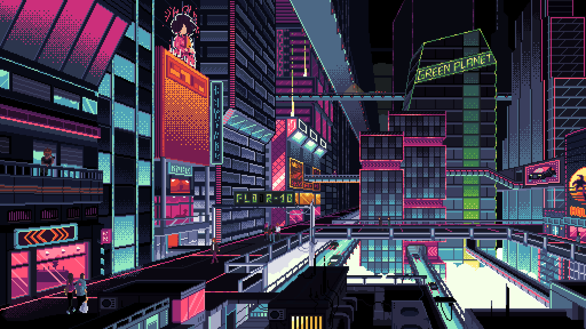 Neon Cityscape: Artistic Pixel Art HD Wallpaper