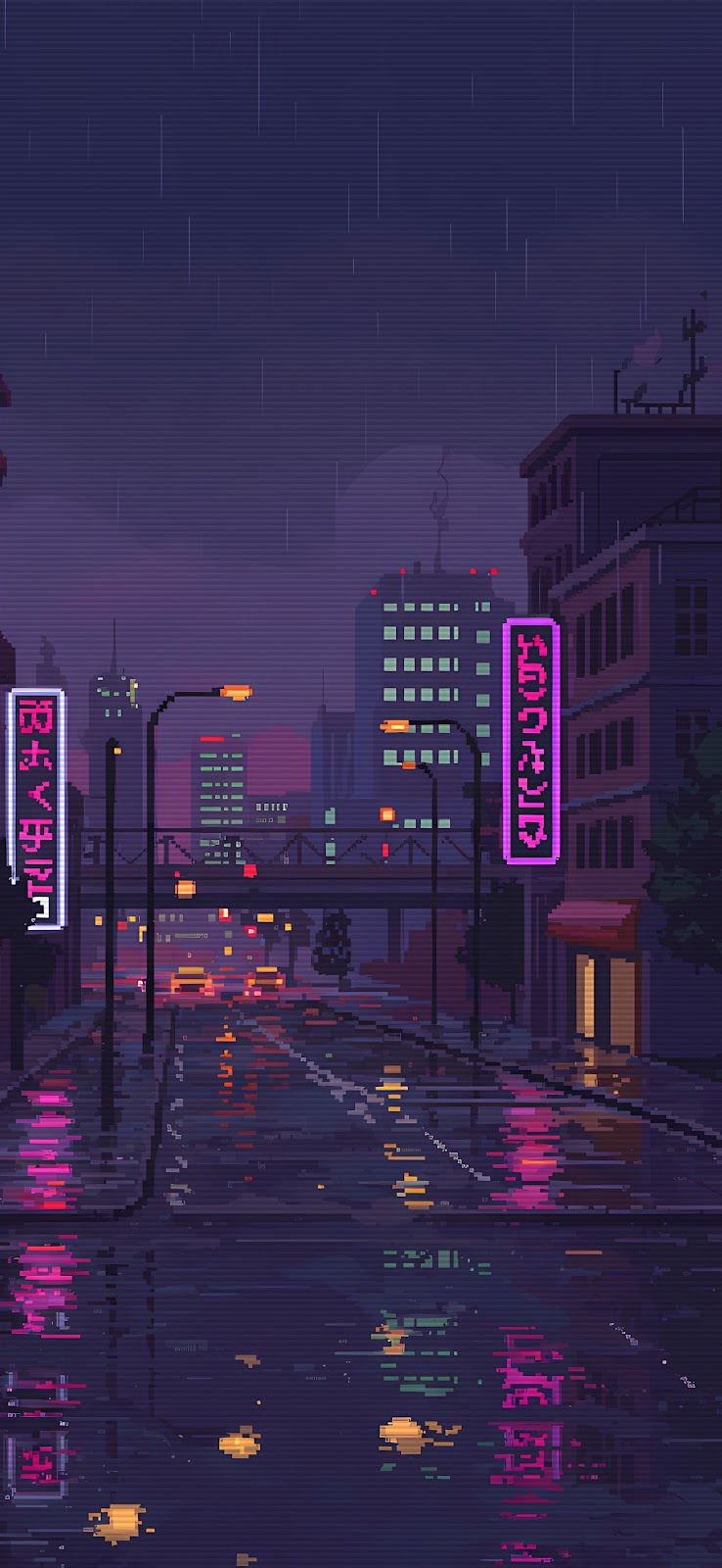 Pixel Art Rainy Neon Cityscape iPhone Wallpaper