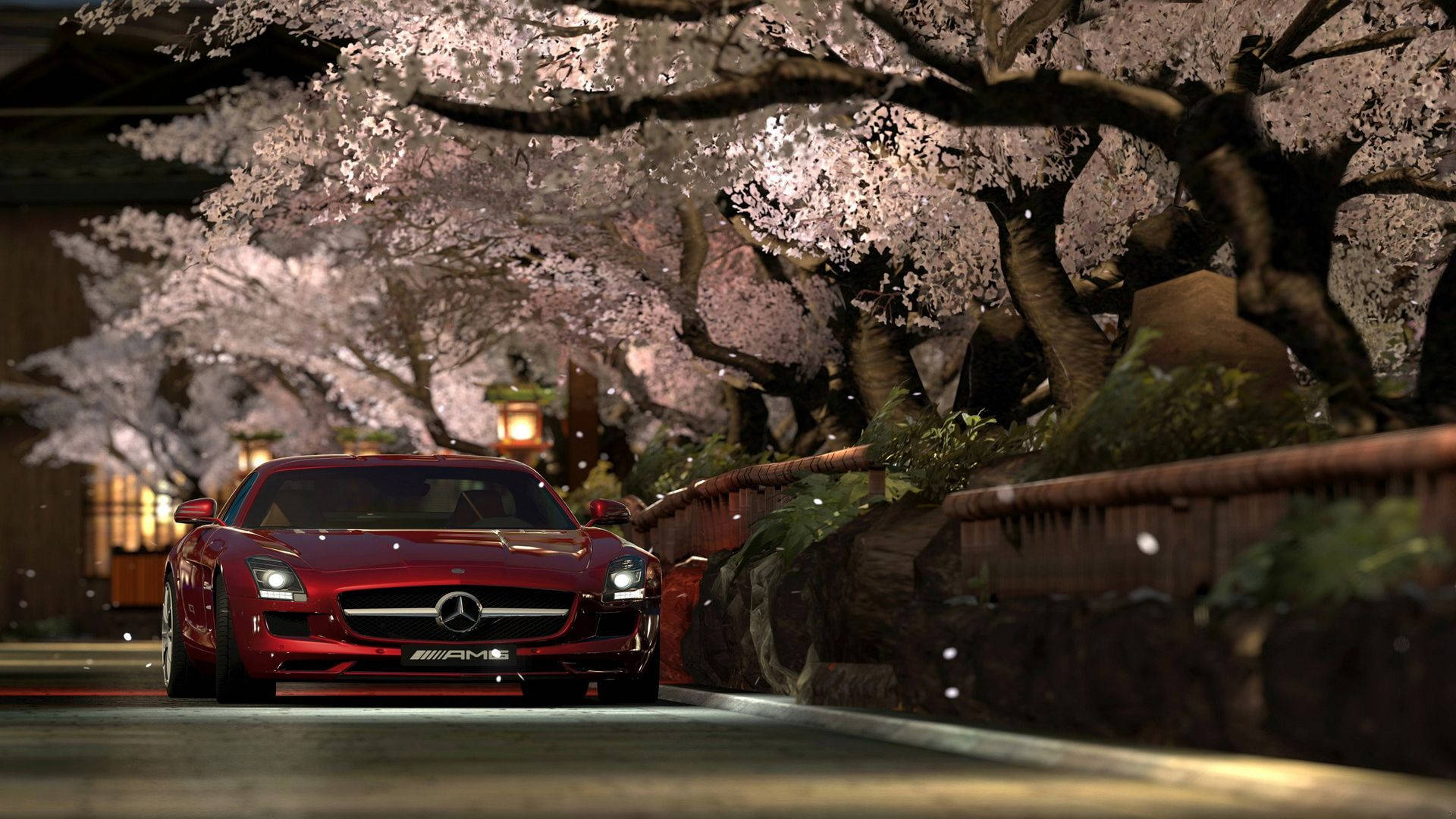 Download Mercedes Benz Car Underneath Cherry Blossoms Wallpaper
