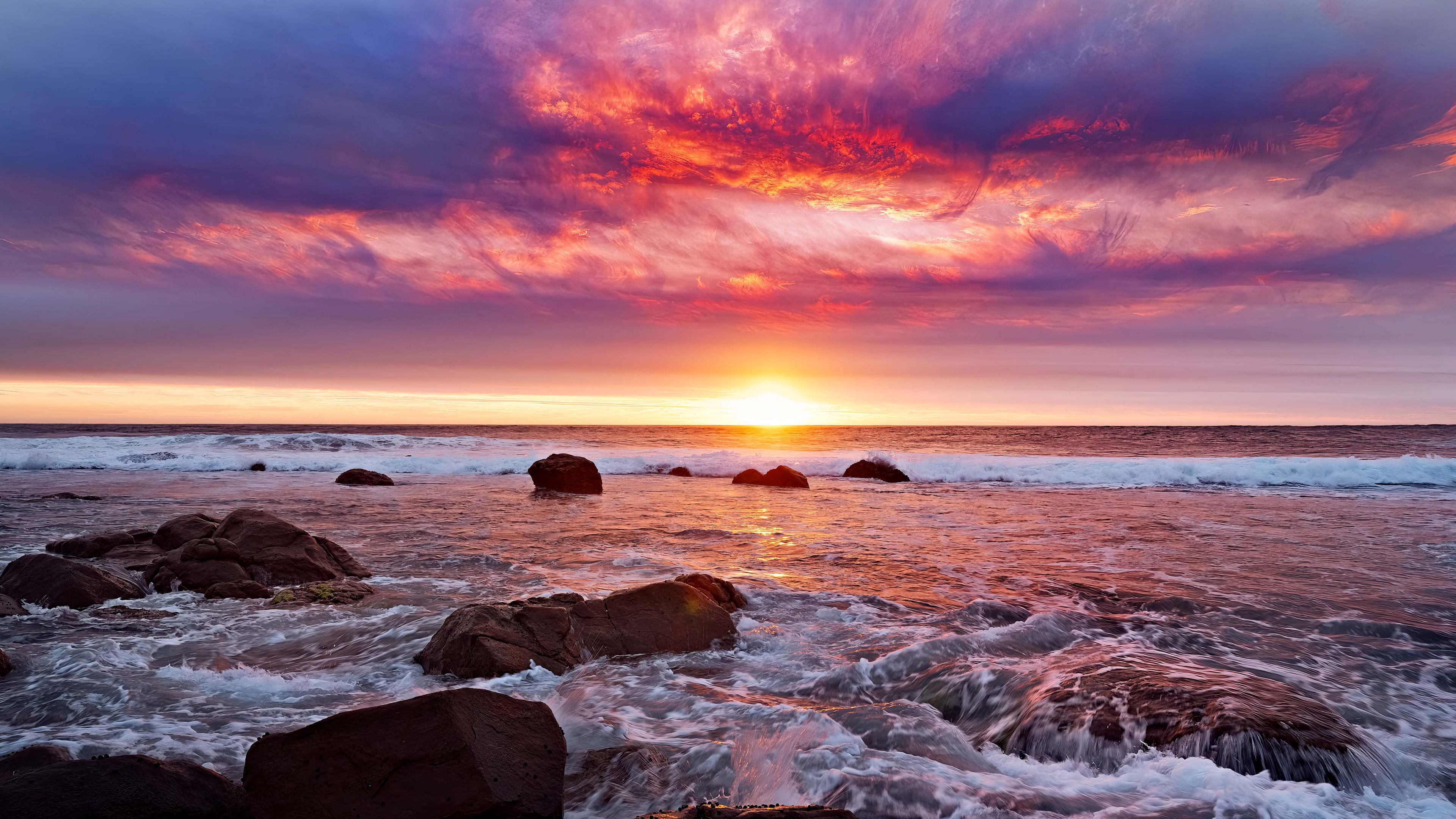 beautiful closeup view sea waves foam water rocks sunset horizon evening wallpaper background 4K HD Nature Wallpaper