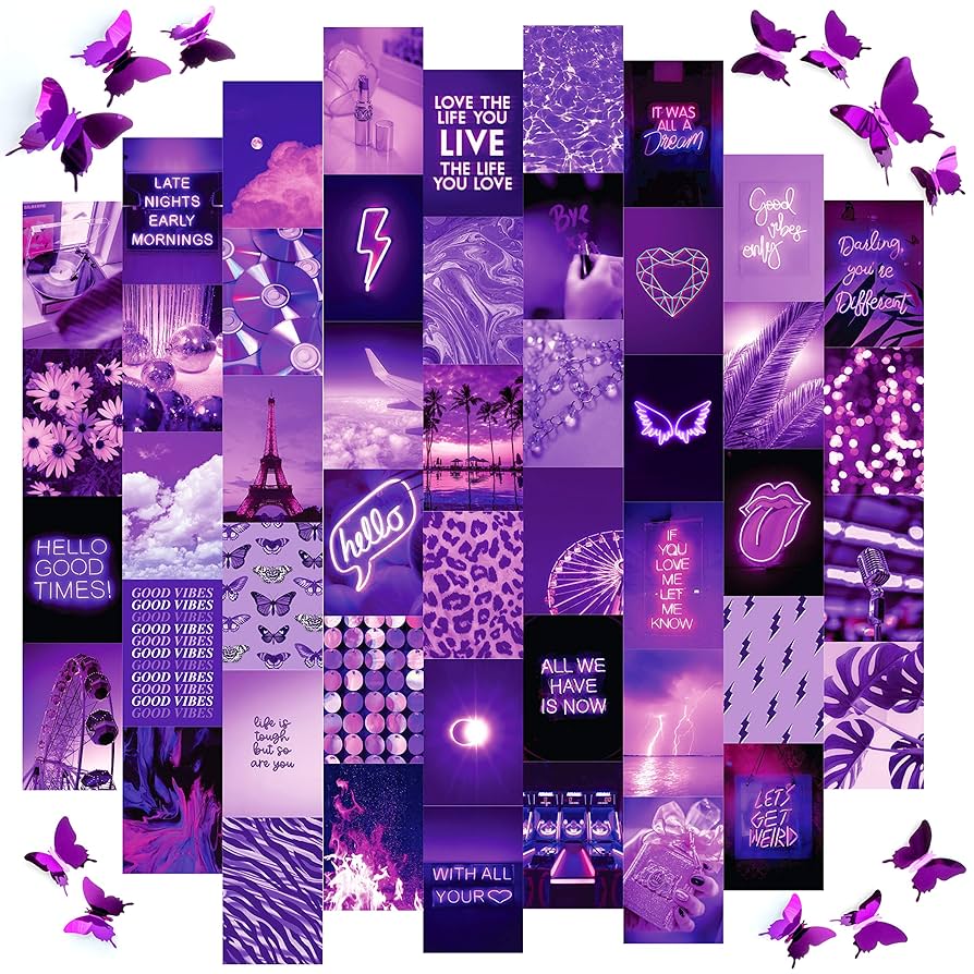 Artivo Purple Wall Collage Kit, 50 Set 4x6 Butterflies, Purple Black Picture for Wall Decor, Posters for Room Aesthetic, Girls Room Decor, Cute Wall Decor for Teens: Posters & Prints