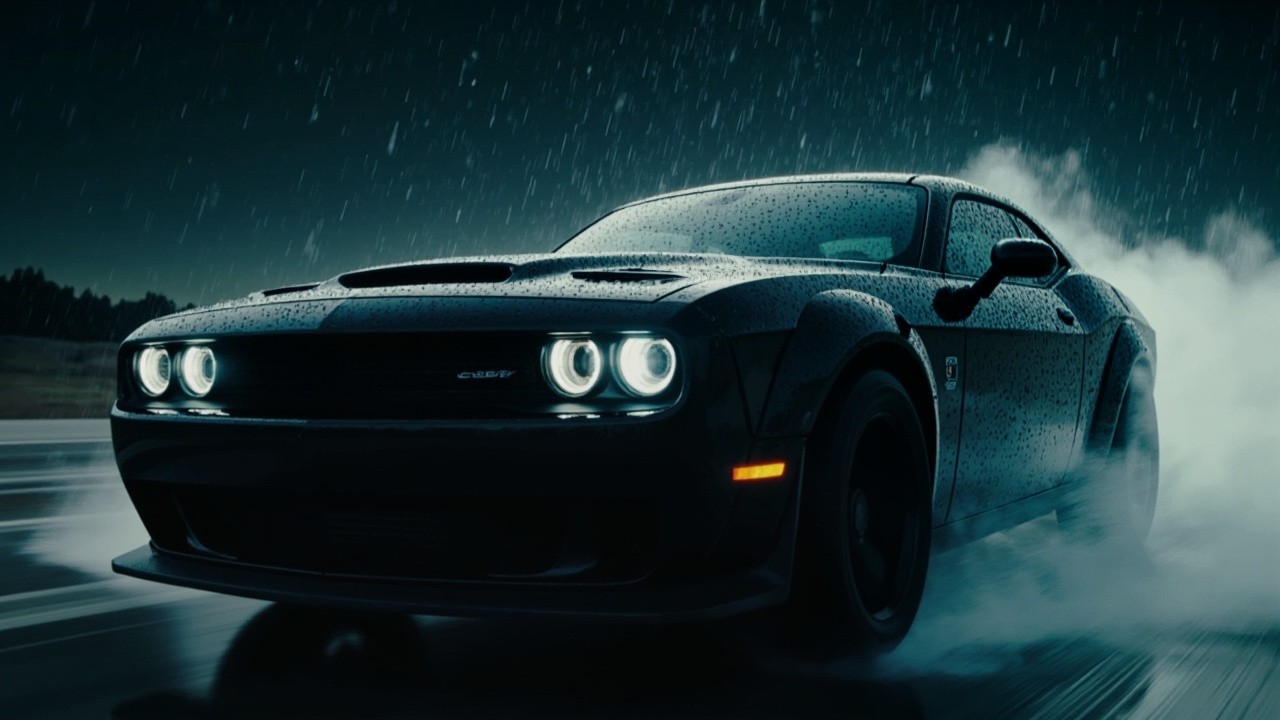 Dodge Challenger Demon 170 Moving Fast in Rain with Lights On