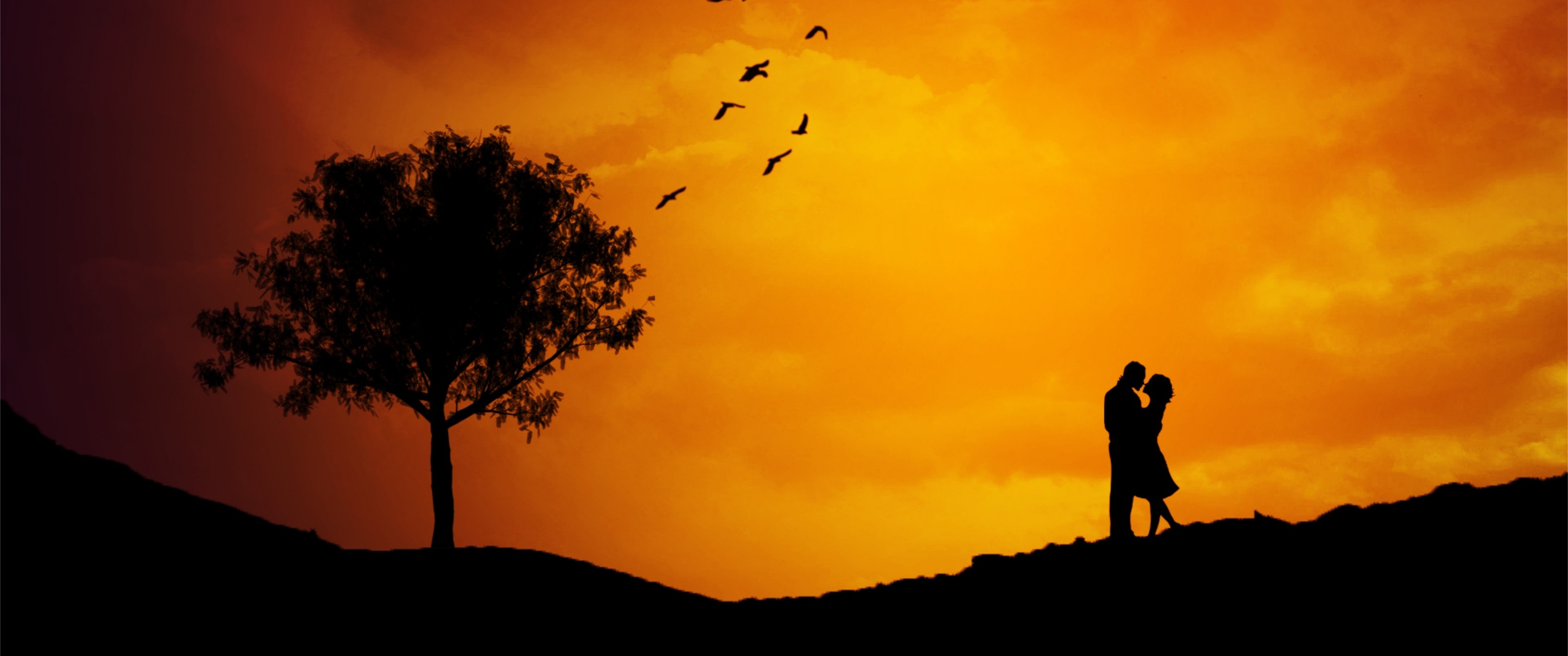 Couple Wallpaper 4K, Landscape, Silhouette, Orange sky