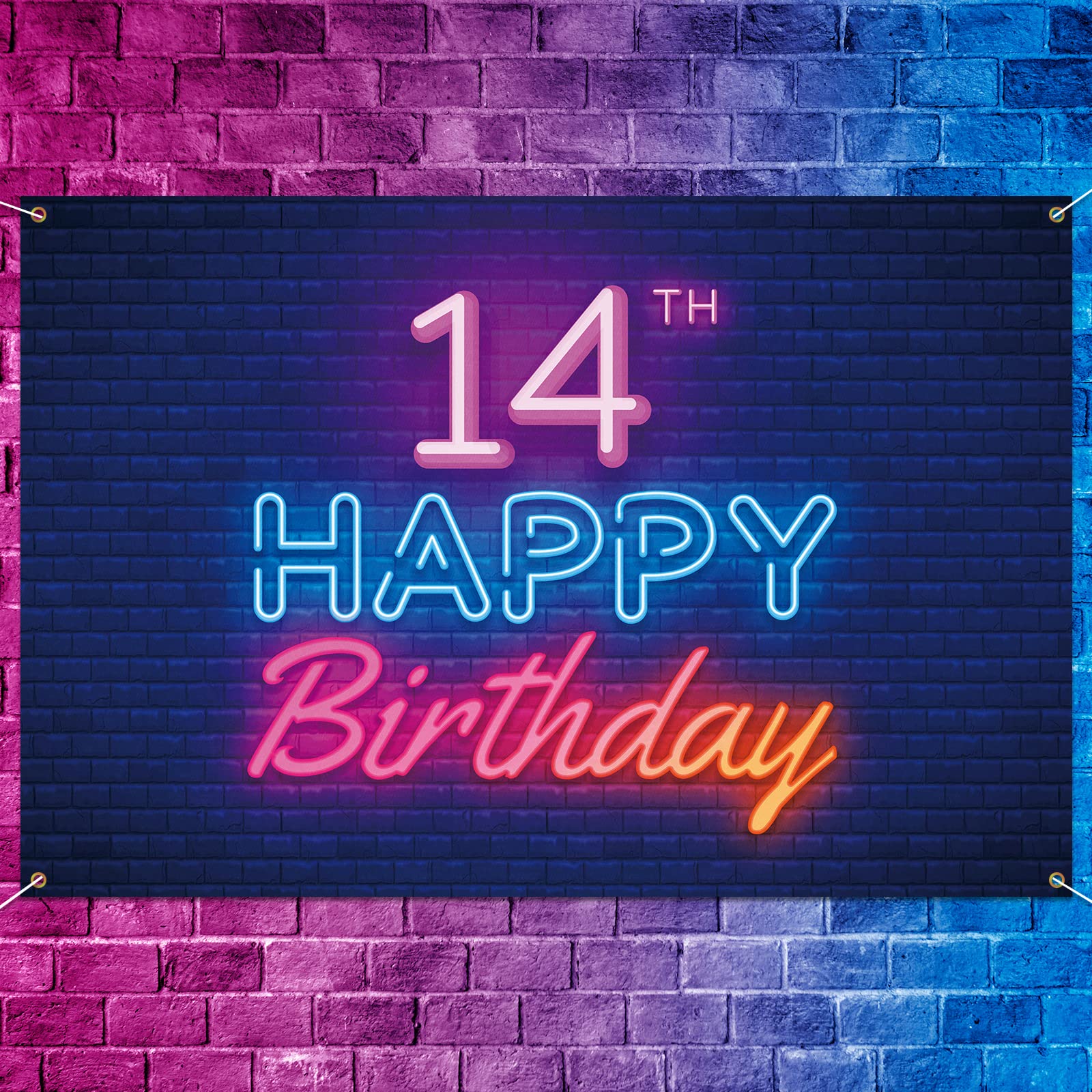 Glow Neon Happy 14th Birthday Backdrop Banner Decor Black