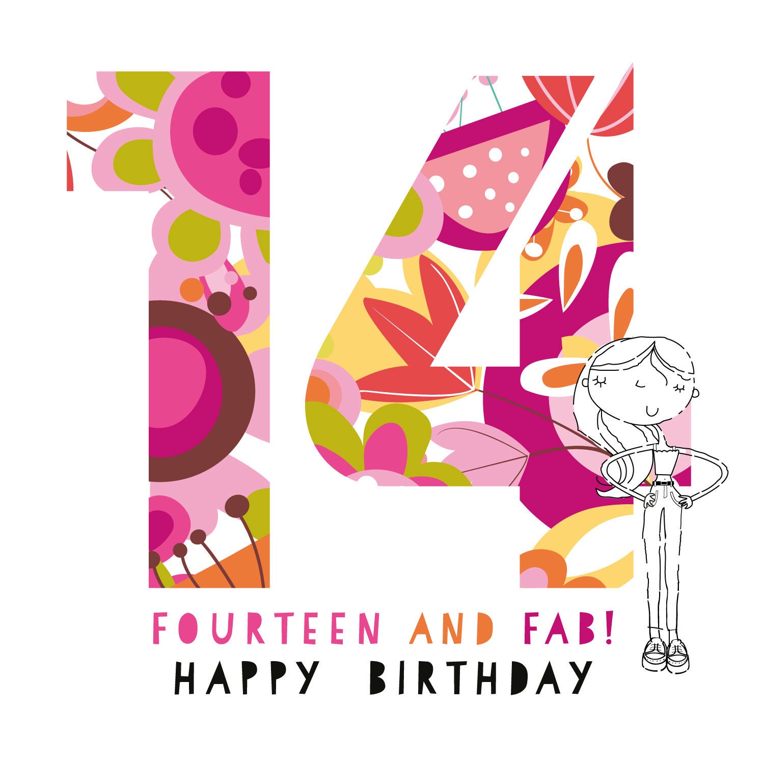 Fourteen and Fab! 14th Birthday Card, Happy 14th Birthday, Teenage Girl Birthday Card, 14 and Fab Card