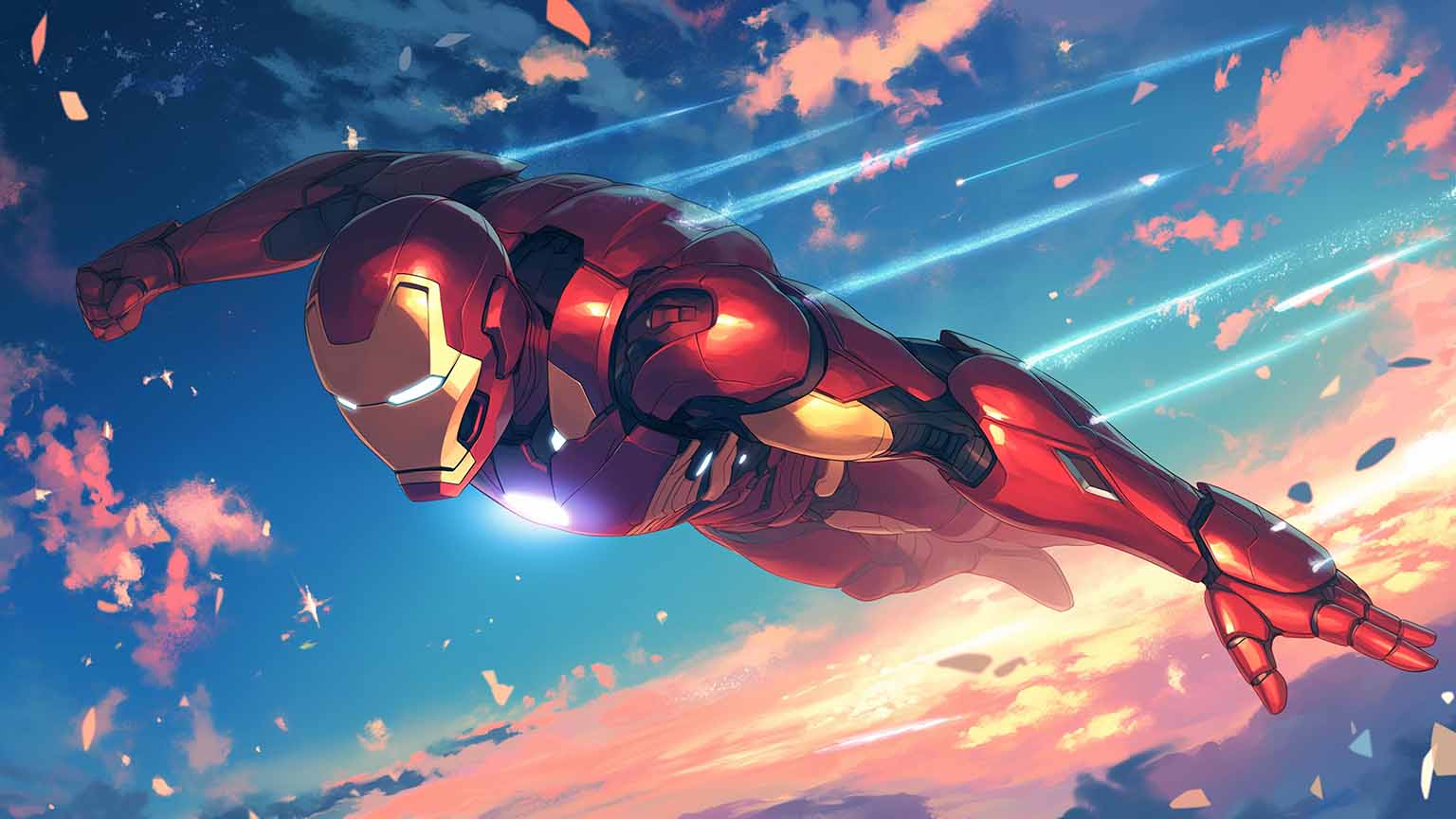 Iron Man Soaring Above the City Desktop Wallpaper