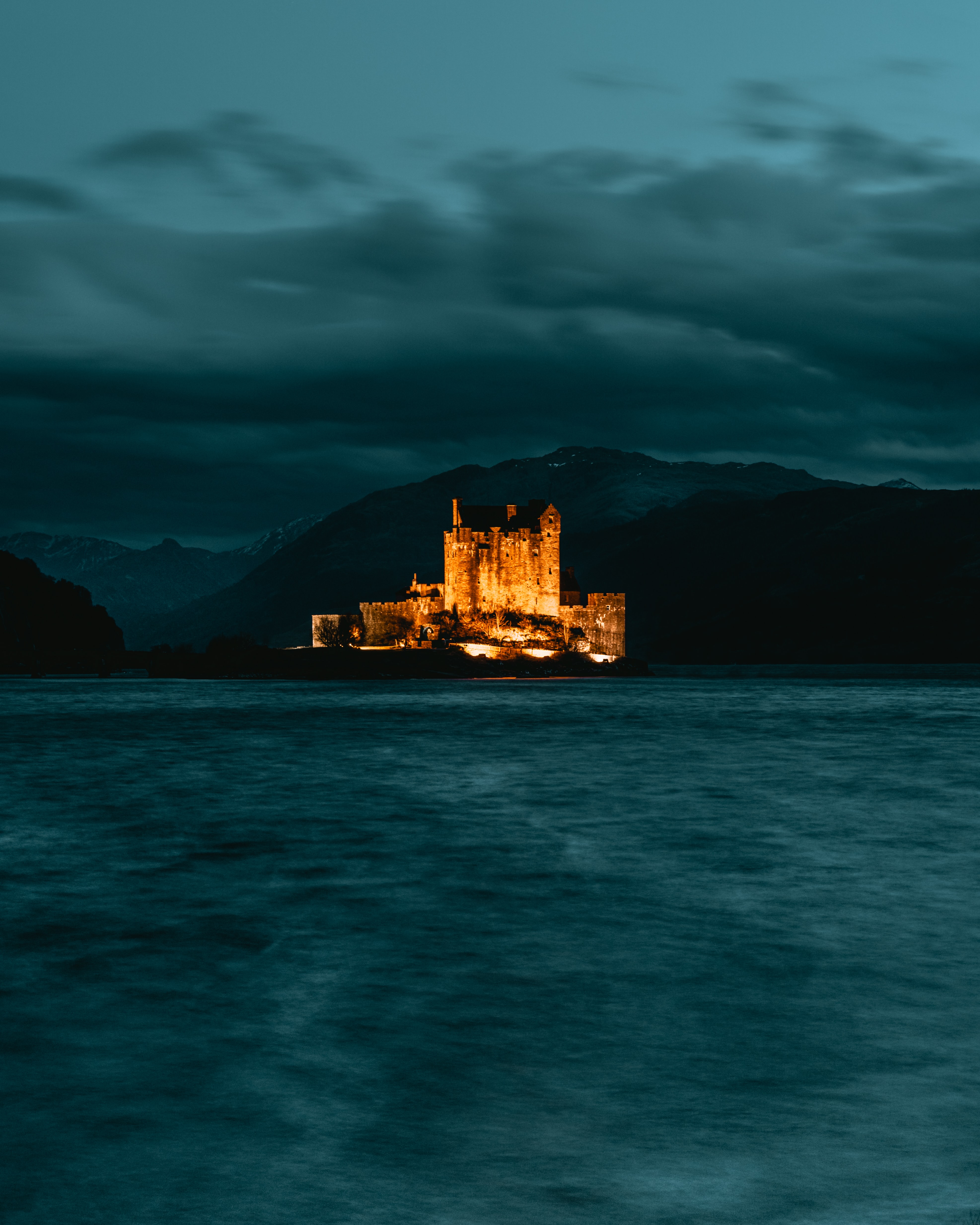 Download wallpaper 3947x4934 castle, island, night, dark HD background