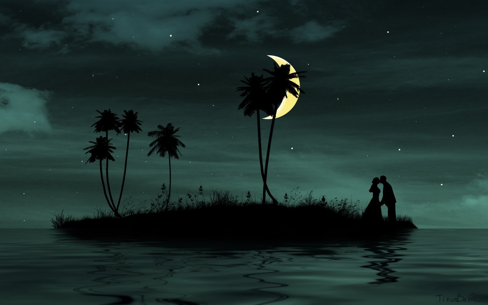 Moonlit Embrace: Artistic HD Nightscape Wallpaper