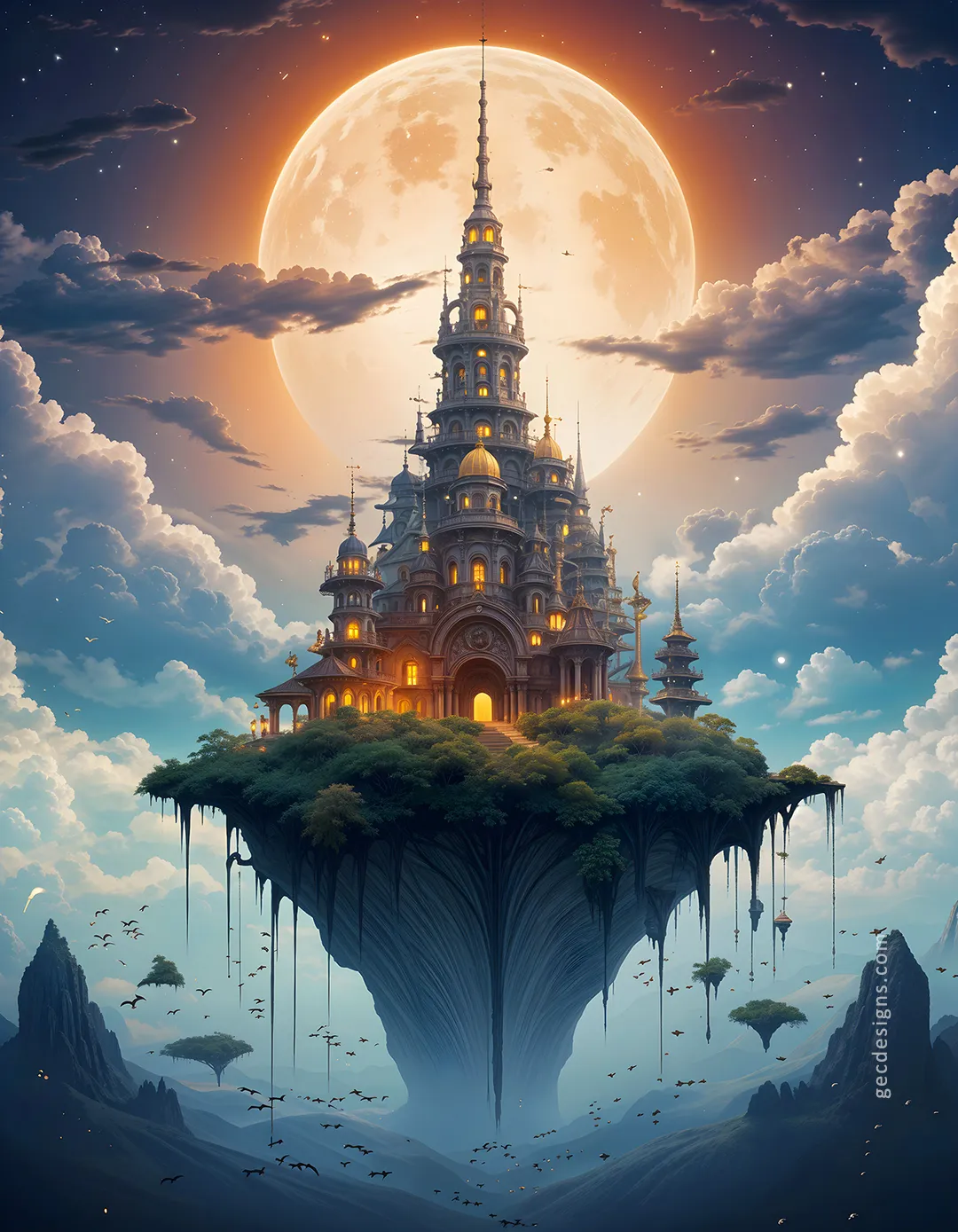 Dark Scary Castle In An Isolated Island AI Generated Wallpaper With A Large Moon And Magical Clouds Background