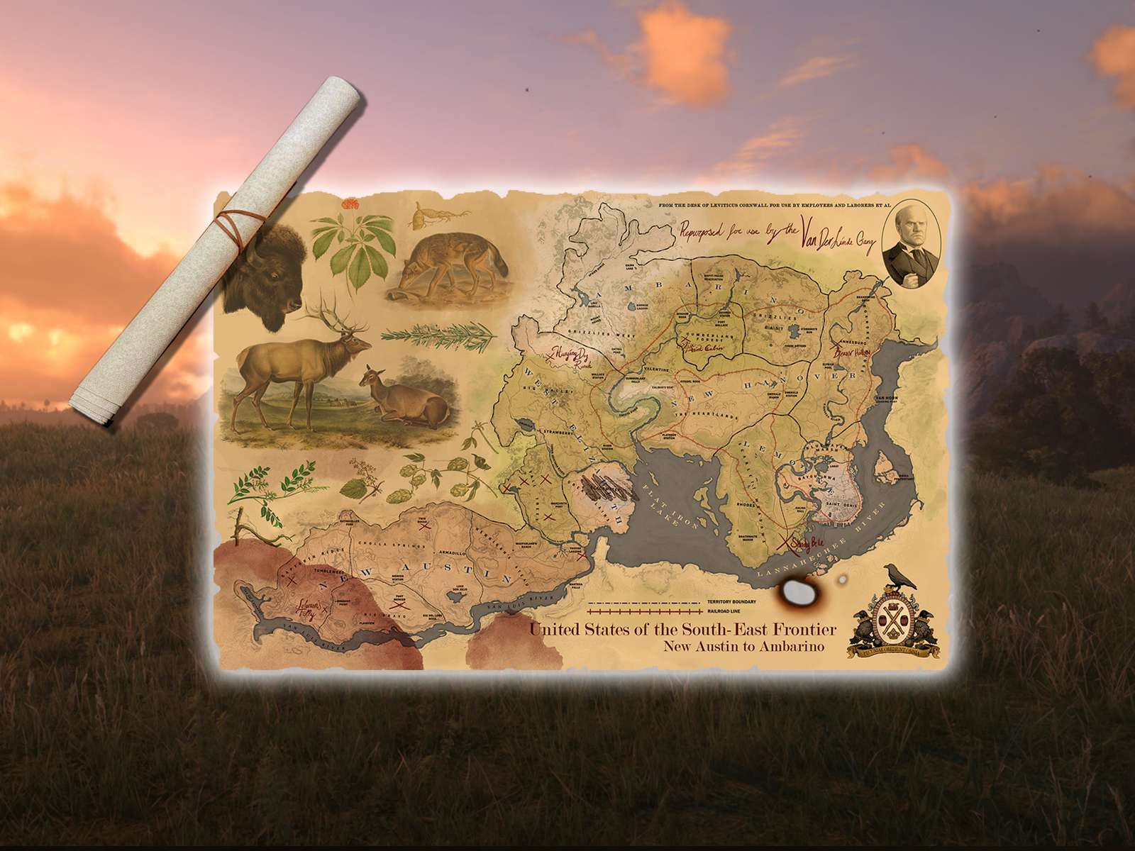 Map of Ambarino to West Austin Territories Cloth Map Scroll (Inspired by Red Dead Redemption)