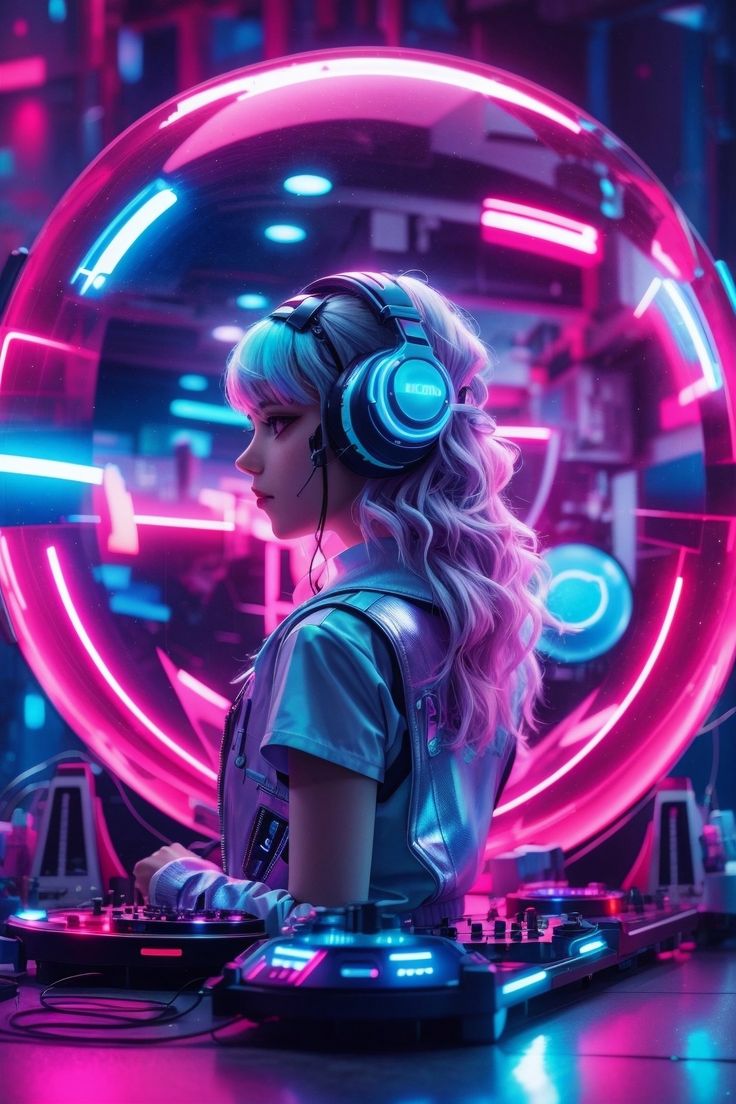 girl, dj, headphones, neon, music, disco, purple, blue, ai, art (1536x2304) by ♤CRISTIAN♧¿