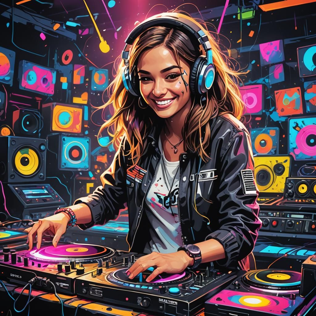 A beautiful smiling female dj at her dj equipment on stage scratching records to a rock song. The scene is lit by bright neon lights. Comic
