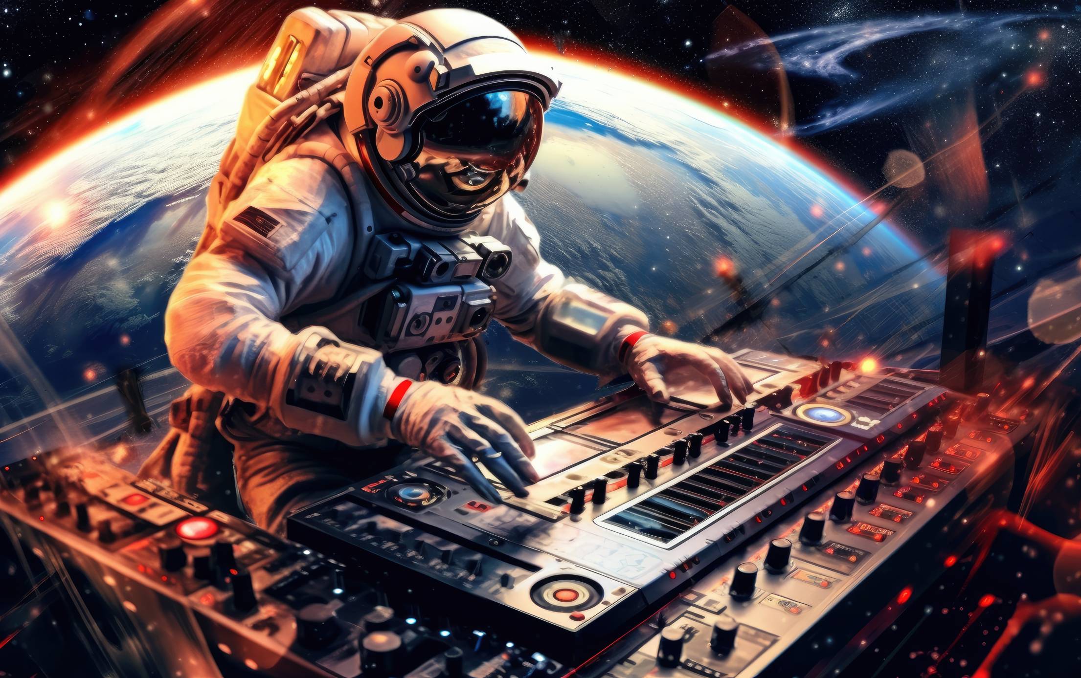 Electronic Music Party in Space Astronaut is a DJ. Free AI Image