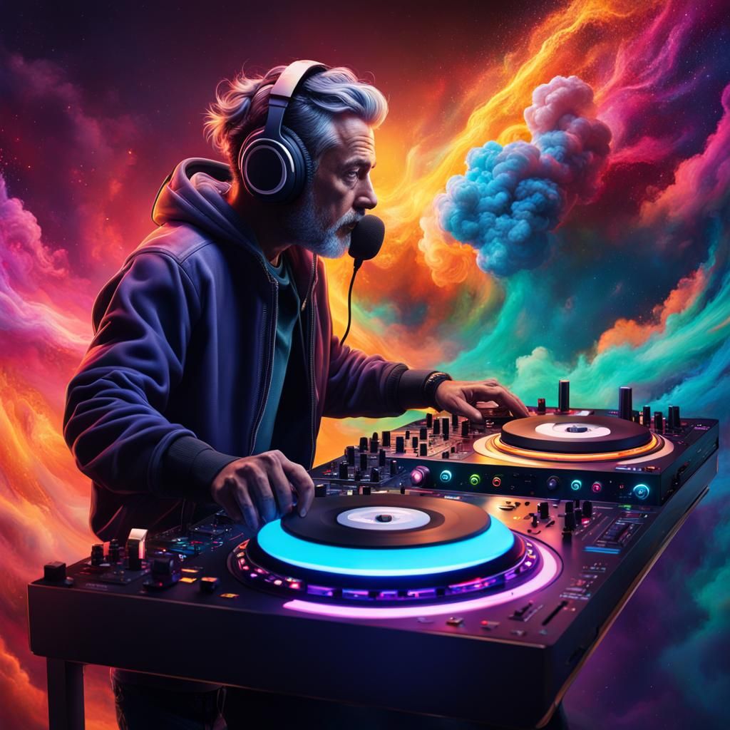Old DJ in Galaxy with Fantastic Creature