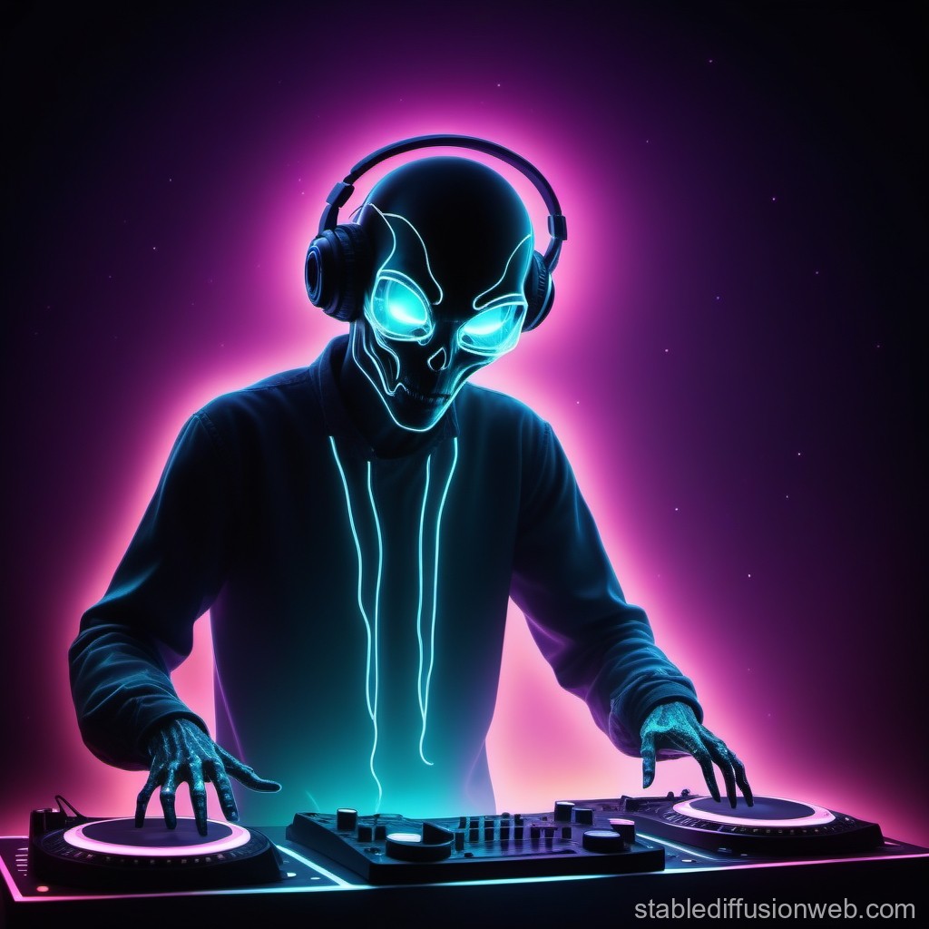 Ghostly Alien DJ amid Neon Light Particles. Stable Diffusion Online