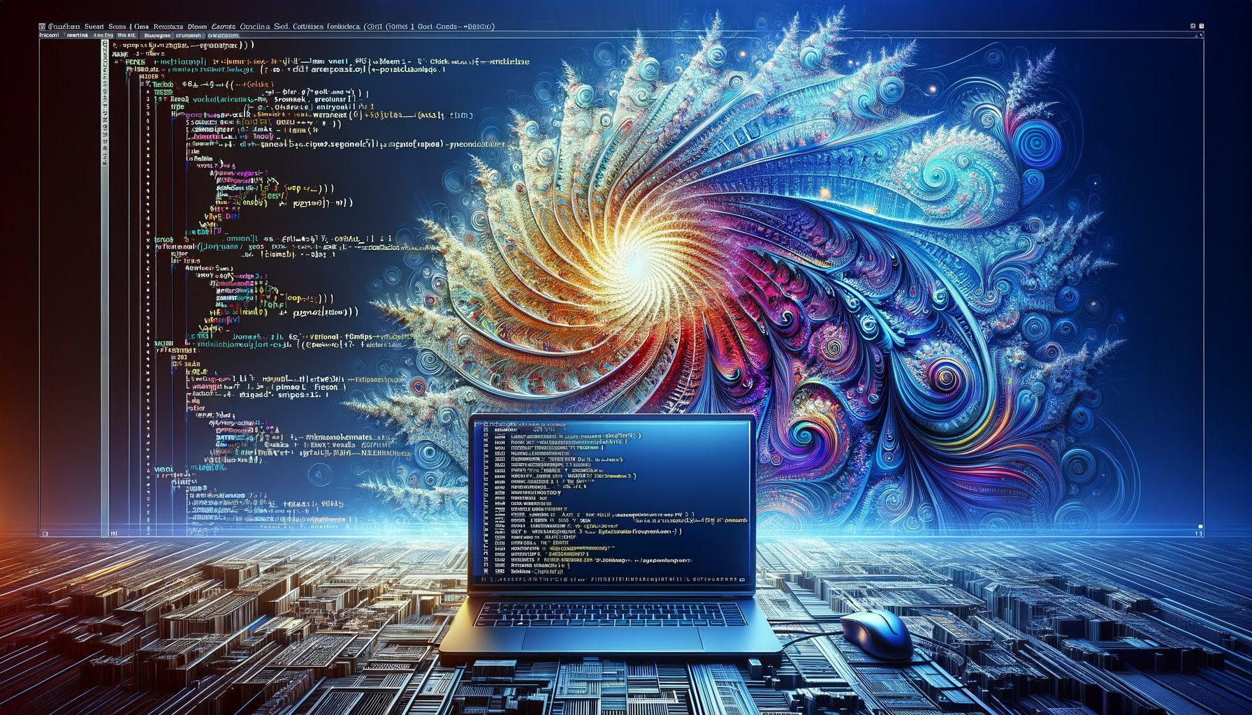 Laptop Displaying Code with Abstract Digital Art Background. Deep Dream Generator