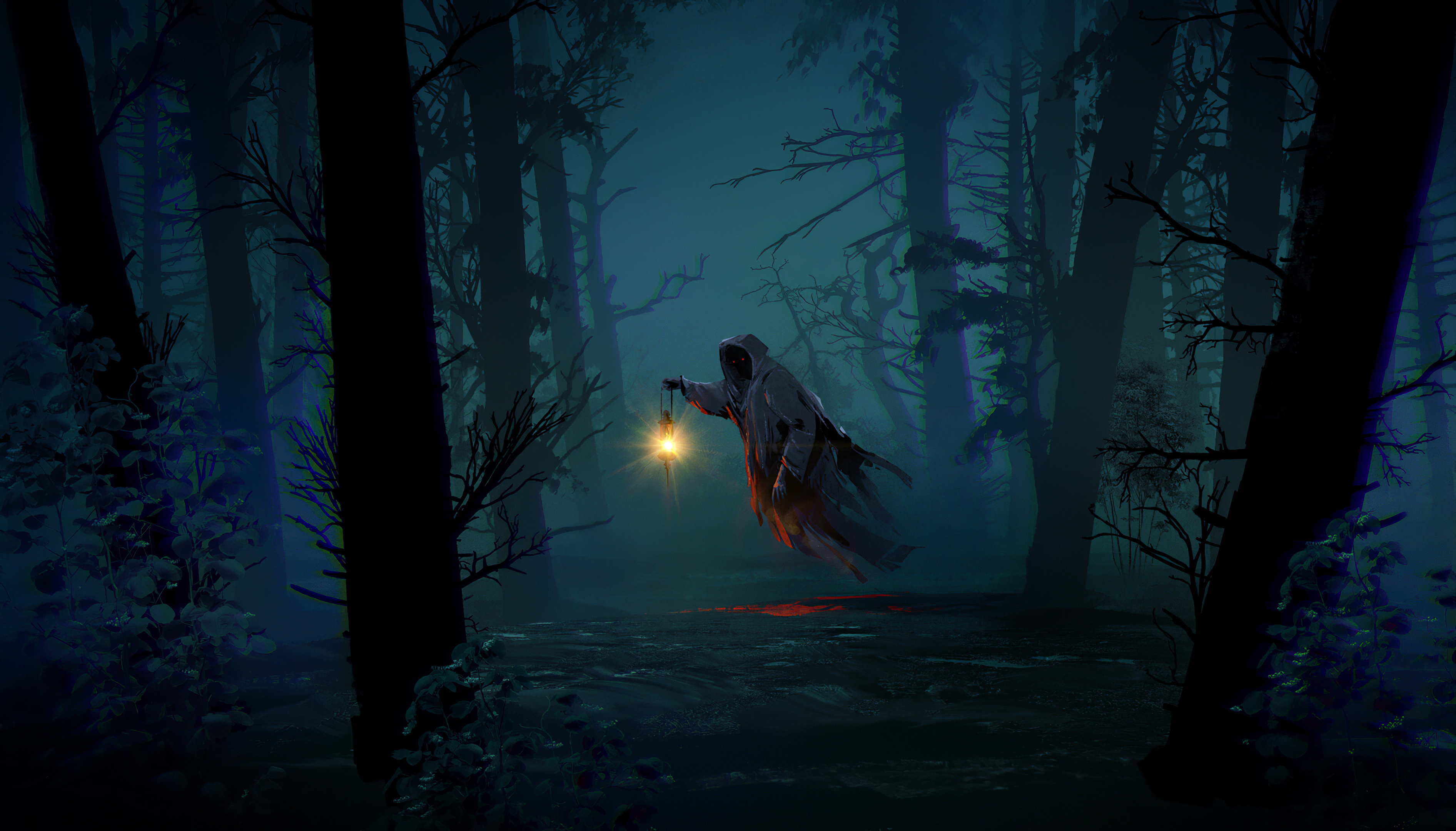 Ghostly Lantern Bearer: Night Cloaked in Forest Shadows