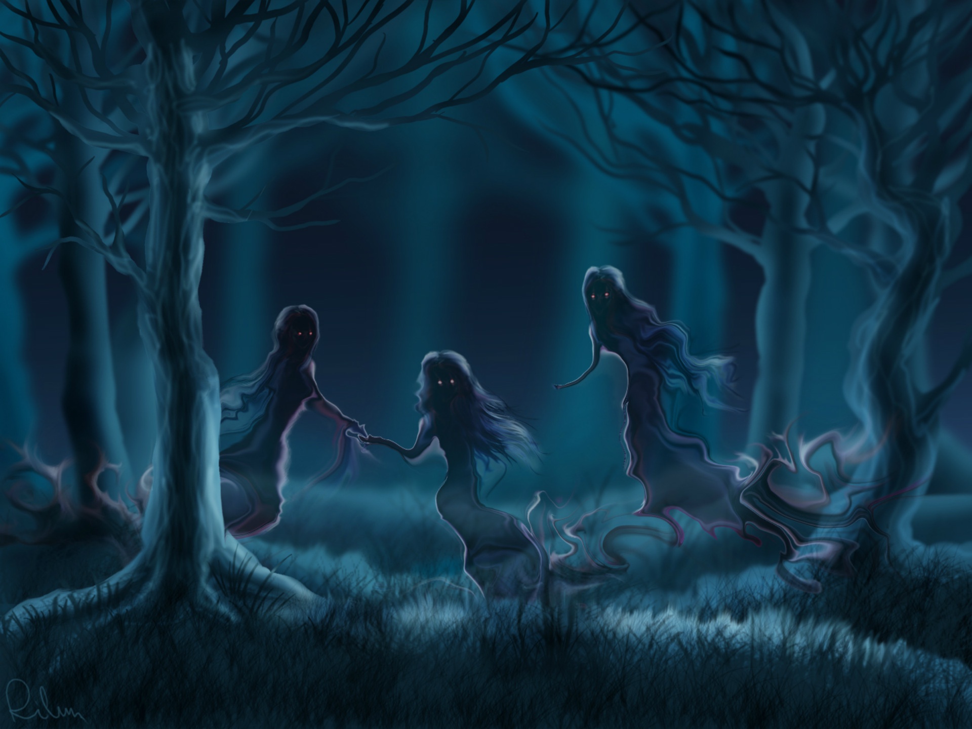 Haunting Shadows: Ghosts of the Dark Forest HD Wallpaper