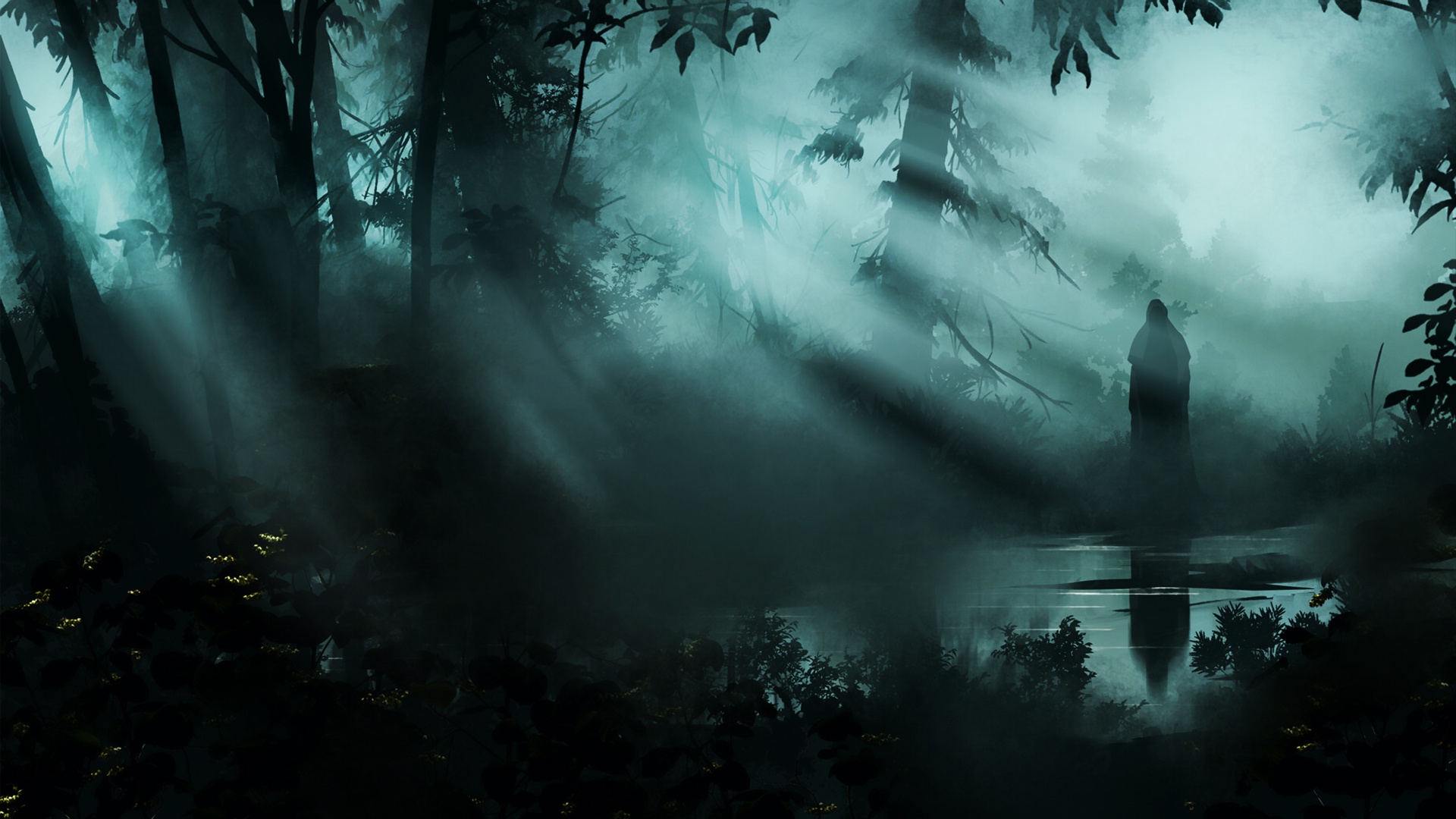 Wallpaper Fog, Trees, Forest, Rays, Silhouette, The demon, Fantasy, Ghost for mobile and desktop, section арт, resolution 1920x1080