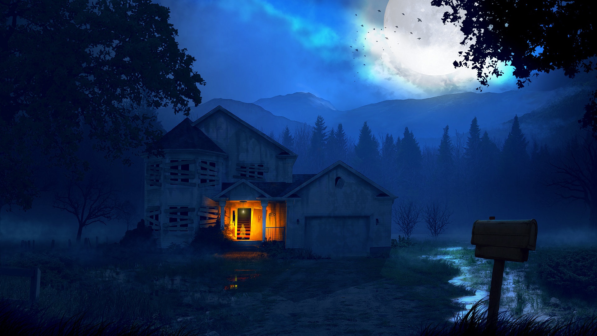 Wallpaper forest, mountains, night, house, The house and the ghost for mobile and desktop, section рендеринг, resolution 1920x1080