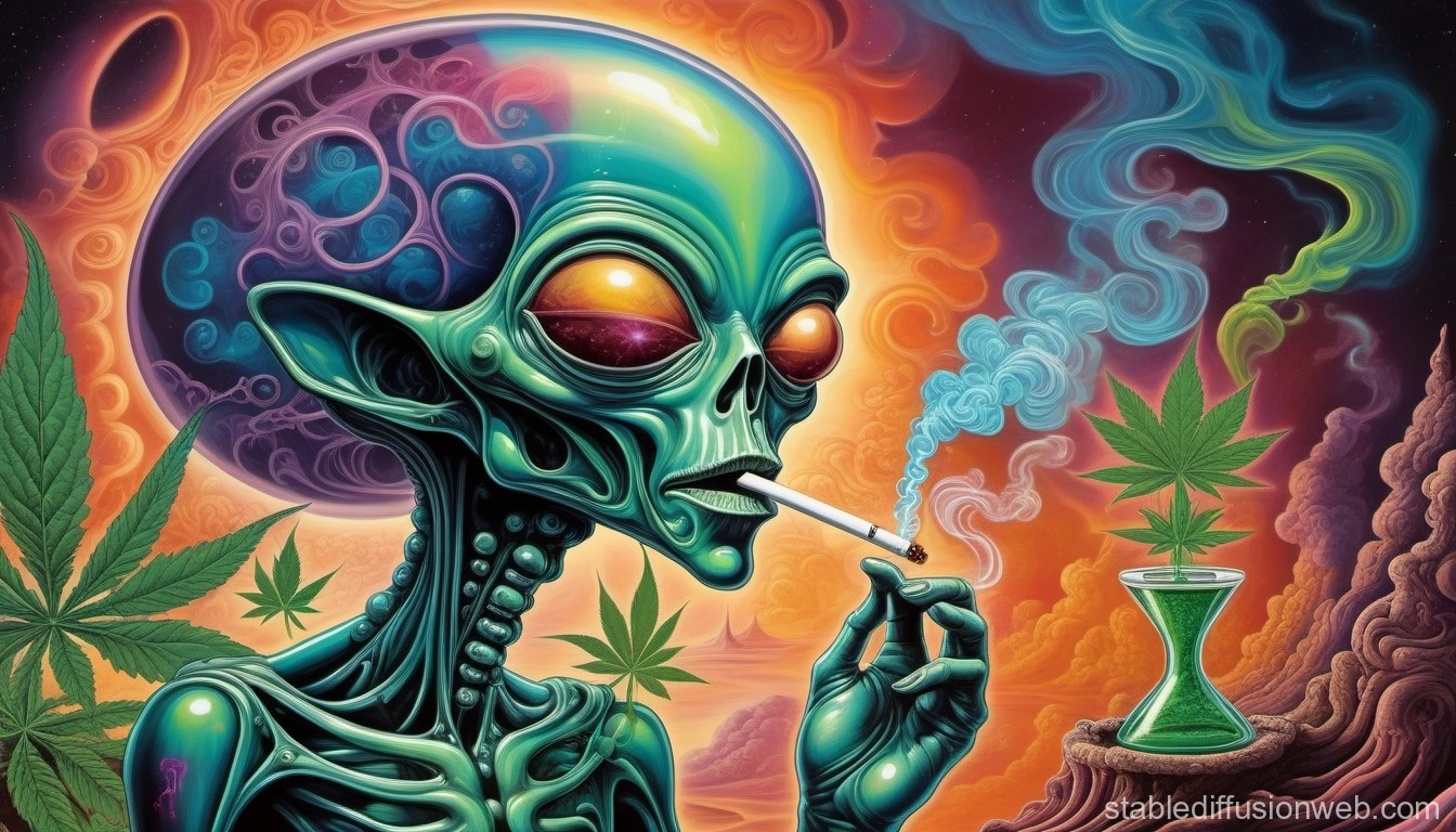 Alien Smoking Weed in Psychedelic Setting. Stable Diffusion Online