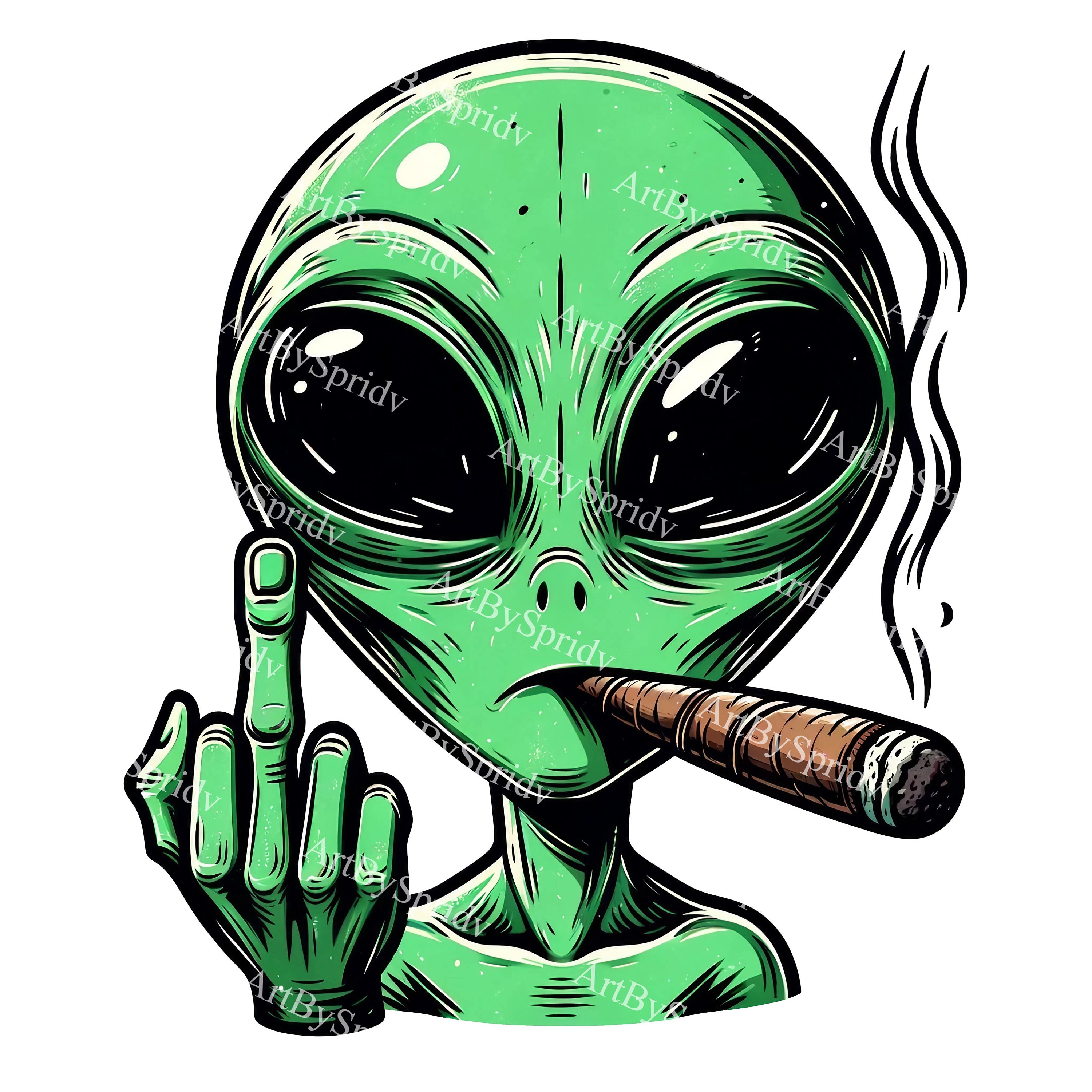 Bold Green Alien Smoking Cigar With Middle Finger Gesture PNG Clipart For Sublimation, T Shirts, And DIY Craft Projects, Sublimate