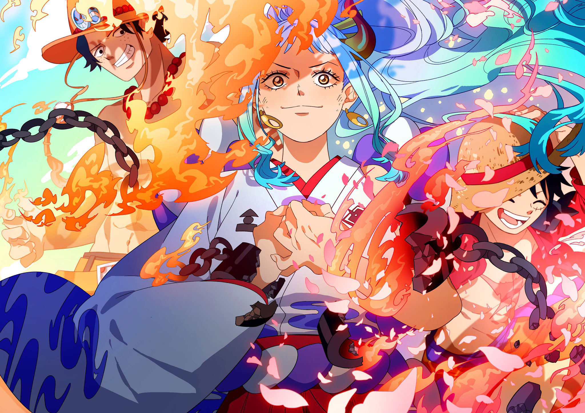 One Piece Legends Unite: Ace, Luffy & Yamato HD Anime Wallpaper by インターネットお絵かきうに