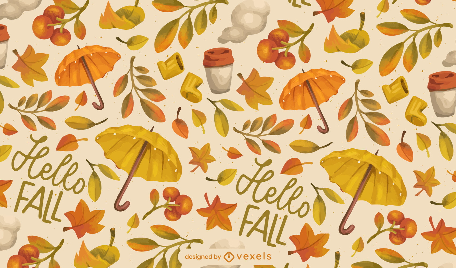 Hello Fall Autumn Watercolor Pattern Design Vector Download