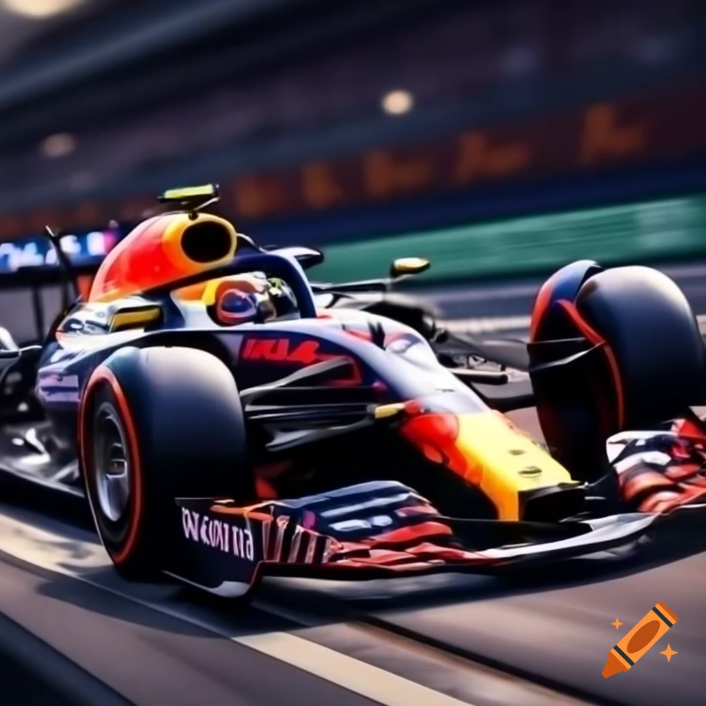 Cartoon representation of Max Verstappen with F1 car on Craiyon