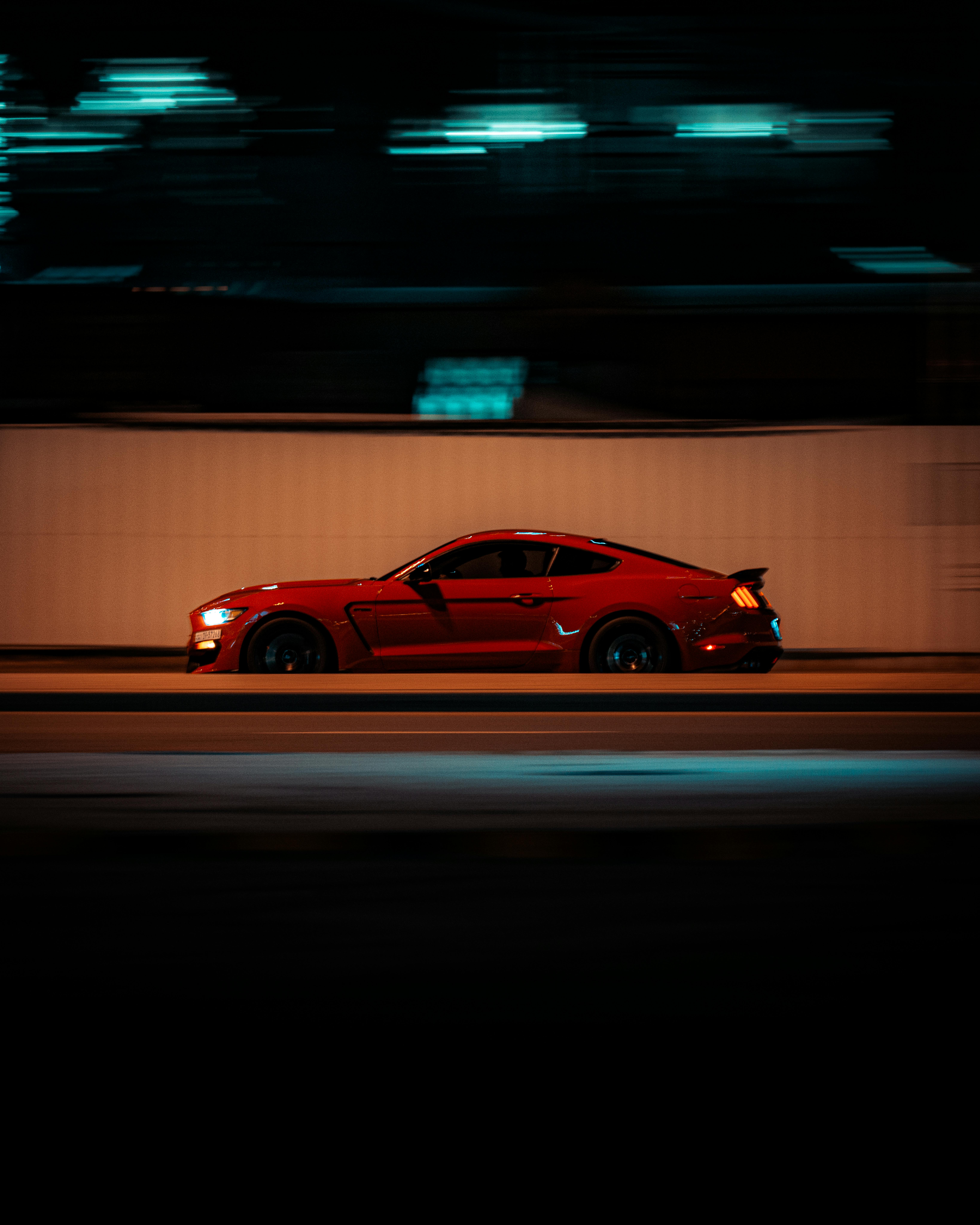 Red Ford Mustang GT on Street at Night · Free