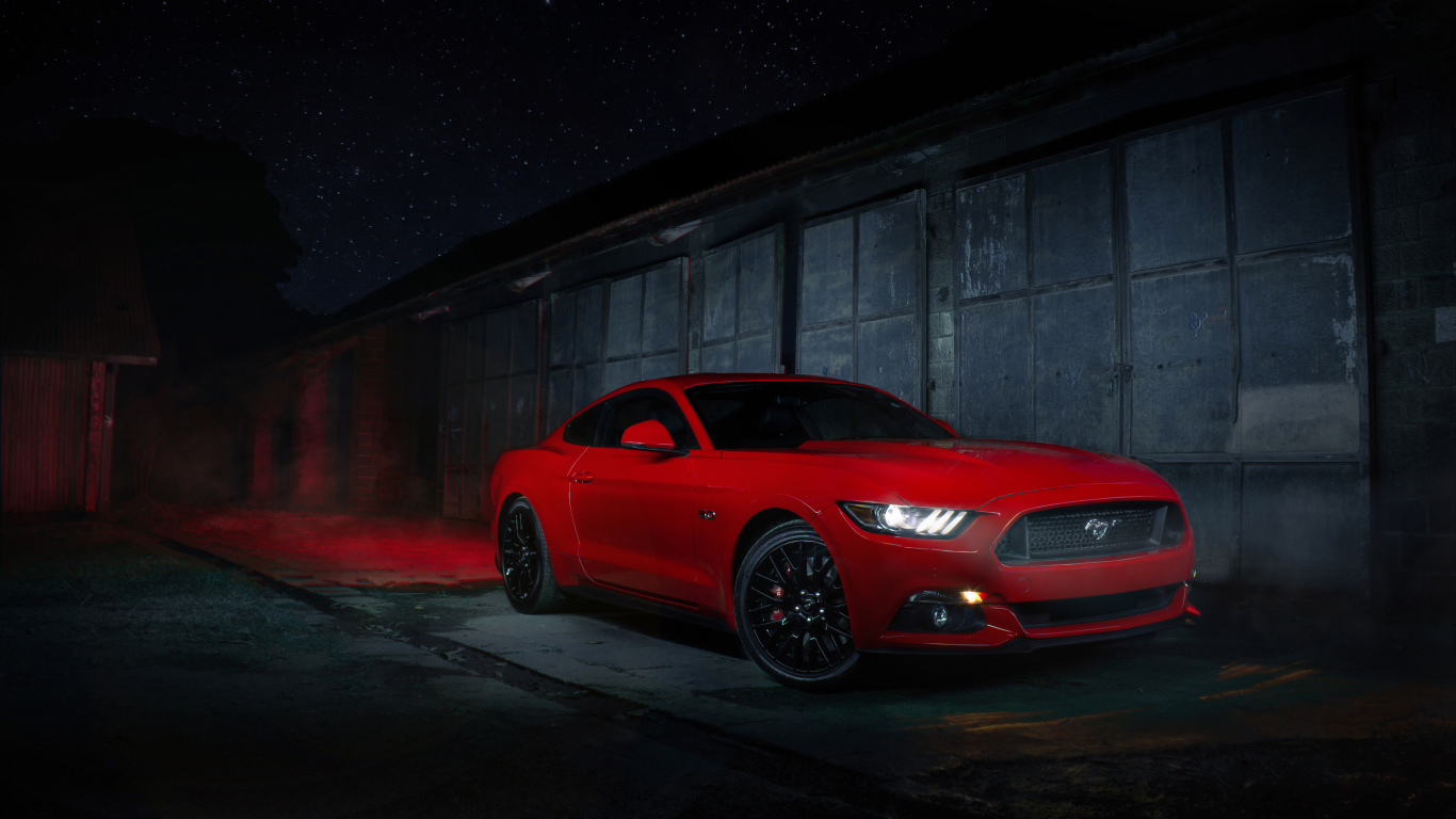 Red Ford Mustang near the wall at night Desktop wallpaper 1366x768